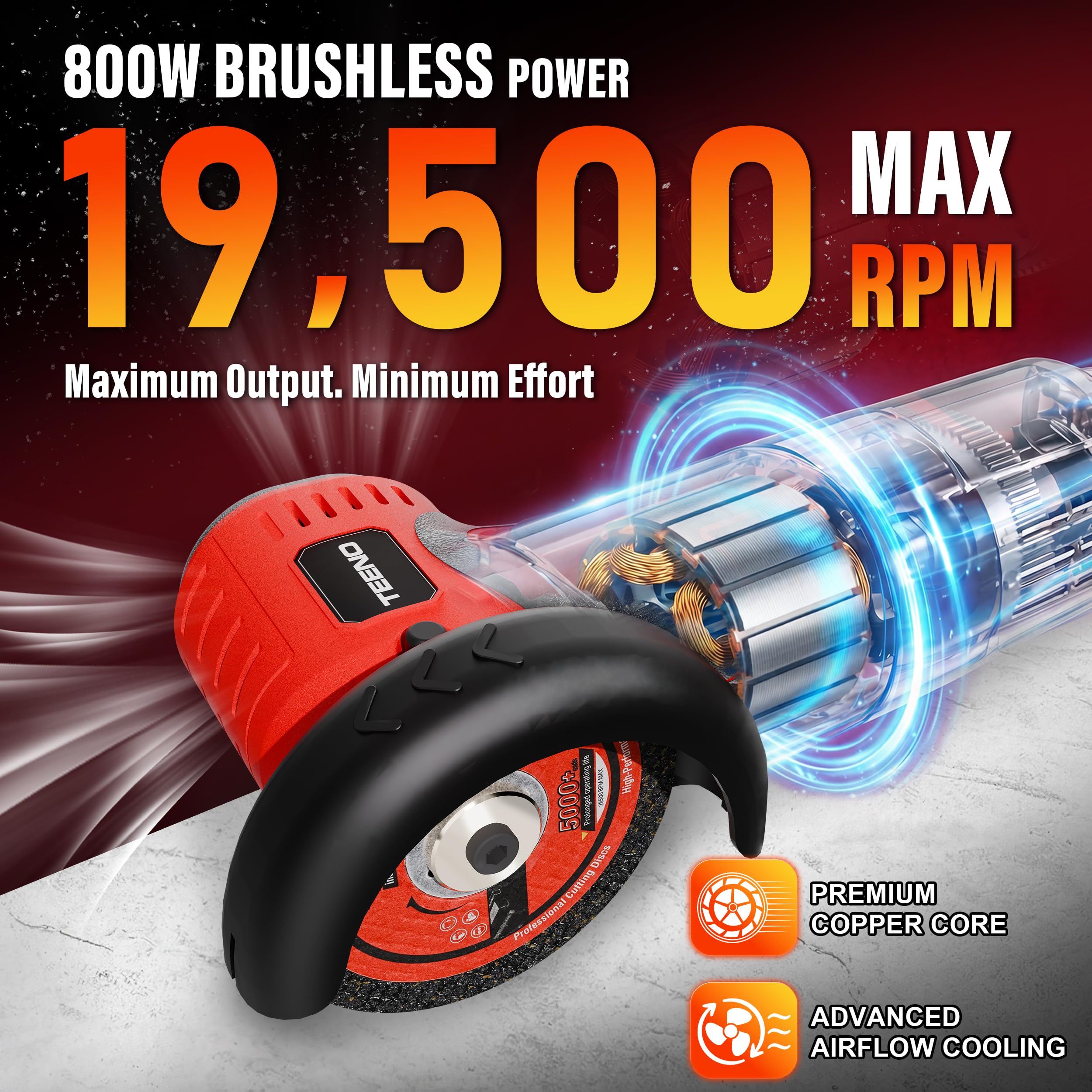 TEENO Meuleuse d'Angle Sans Fil Brushless 16,8V 76mm 19500 tr/min | Moteur 800W, Écran LED, 2 Batteries 2000mAh, 6 Disques & Coffret. Couper, Poncer, Polir métal, bois, carrelage.