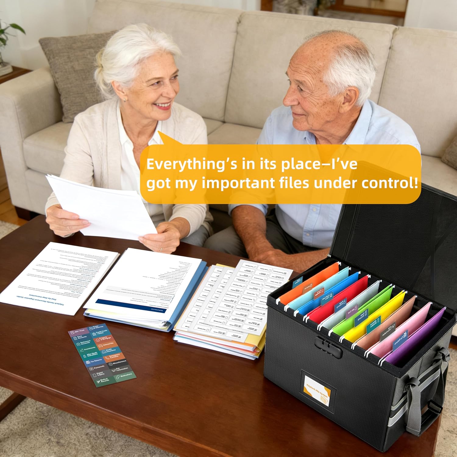 Deluxe Pro Large Next of Kin Box Organizer with 50-Page Family Document Guide, Fireproof Foldable File Organizer with Combination Lock, 10 Hanging Files and 115 Category Labels (15.7"L×12.2"W×10.6"H) - Image 8