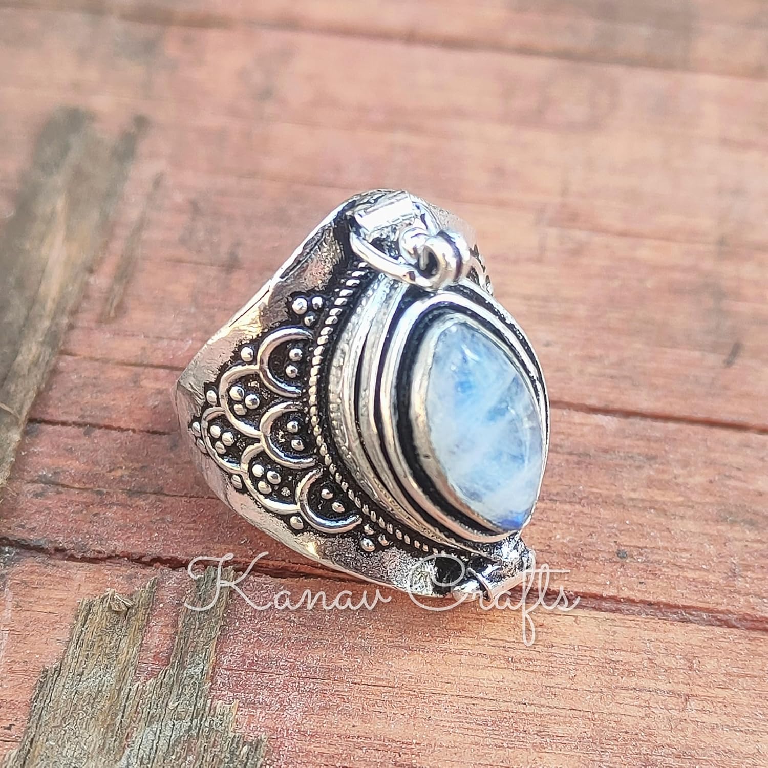 Halloween Day Gift, Natural Rainbow Moonstone Ring, Poison Box Ring, Marquise ~ Gemstone Ring, June Birthstone Ring, Openable Poison Ring, Poison Ring, Locket Ring, Blue Flash Ring