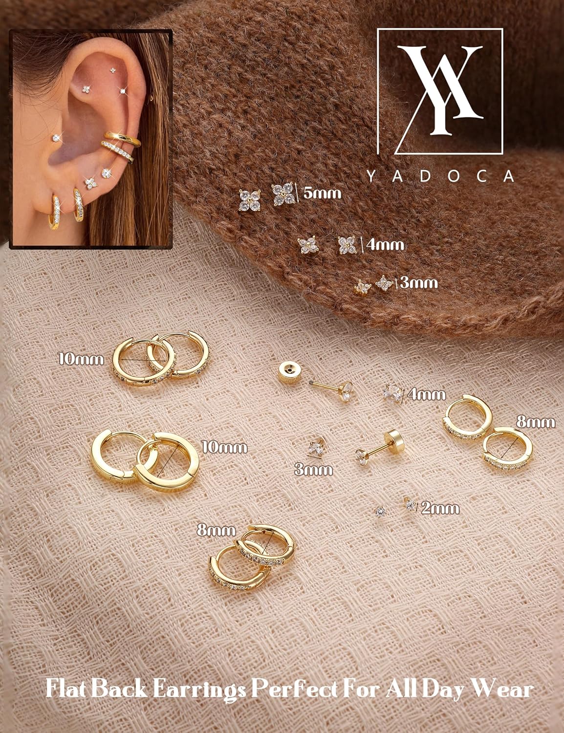 YADOCA Hypoallergenic Gold Stud Hoop Earrings for Women - Surgical Stainless Steel Flat Back Earrings 14K Gold Cartilage Hoops Earring Stacks Small Flatback Stud Earring Sets for Multiple Piercing - Image 6
