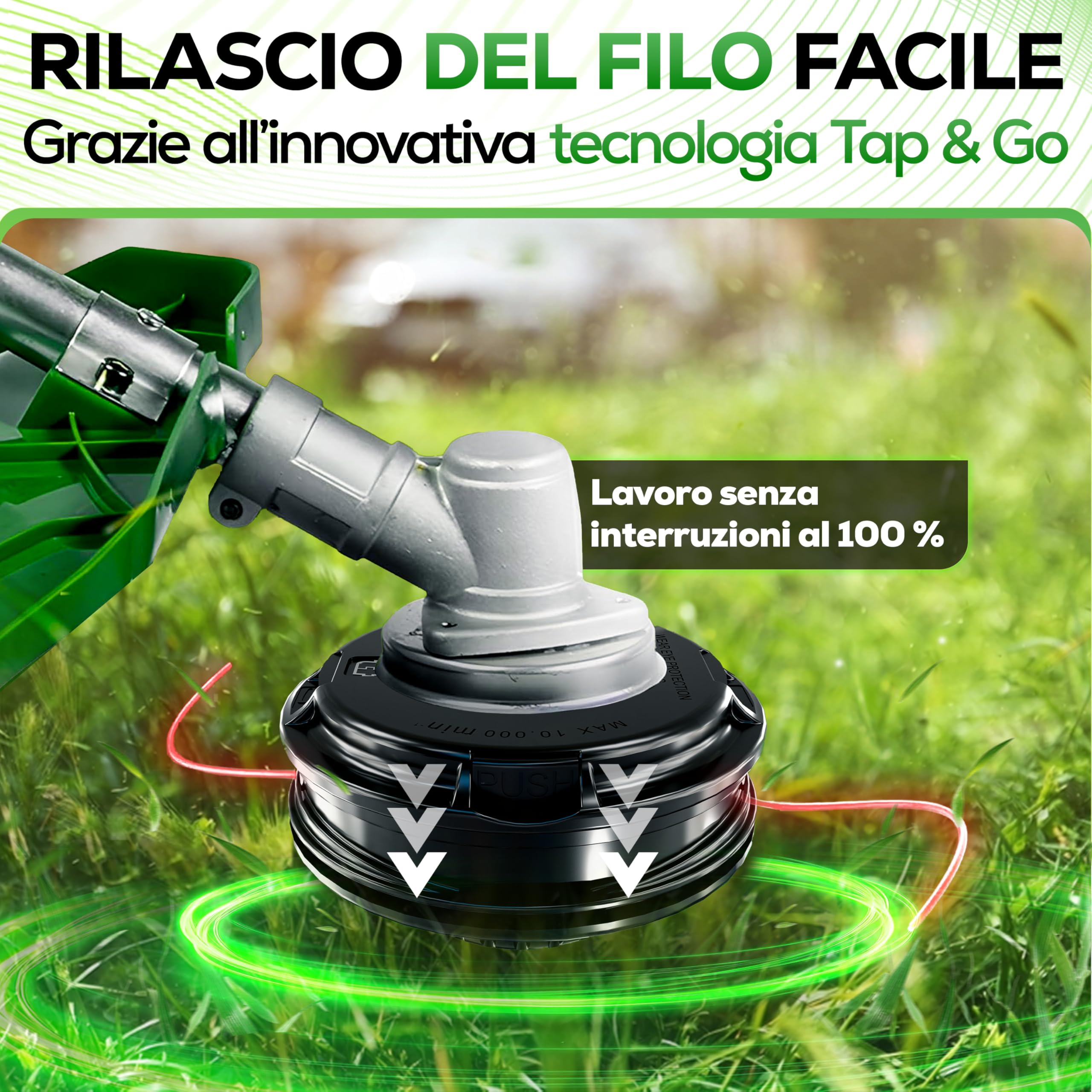 Heckenpracht® Testina falciante per decespugliatore con pomello in acciaio filettatura sinistra | Testina per trimmer con funzione Tap & Go | Taglio efficiente del prato con testina falciante per