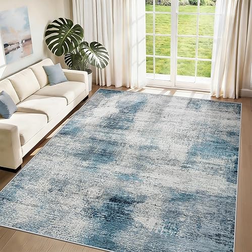 Washable Rug 6x9 Area Rug：Large Abstract Non Slip Rugs Neutral Soft Low Pile Carpet for Living Room Bedroom Nursery Dining Room Office (Blue, 6'x9')
