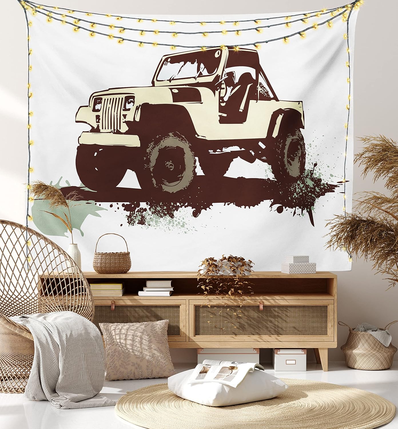 Ambesonne Tapiz grunge, estilo retro pop art, vintage, auto en la carretera, impresión gráfica, diseño gráfico, para colgar en la pared para