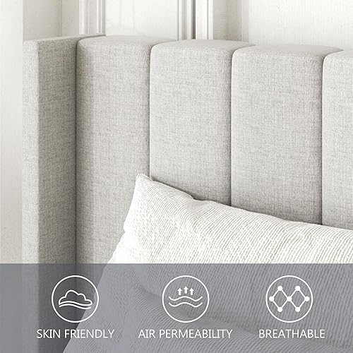 Miniatura 4 de Base de cama tamaño Queen con cabecera tapizada con respaldo de ala, plataforma de fácil montaje, soporte de listones de madera, no necesita somier,