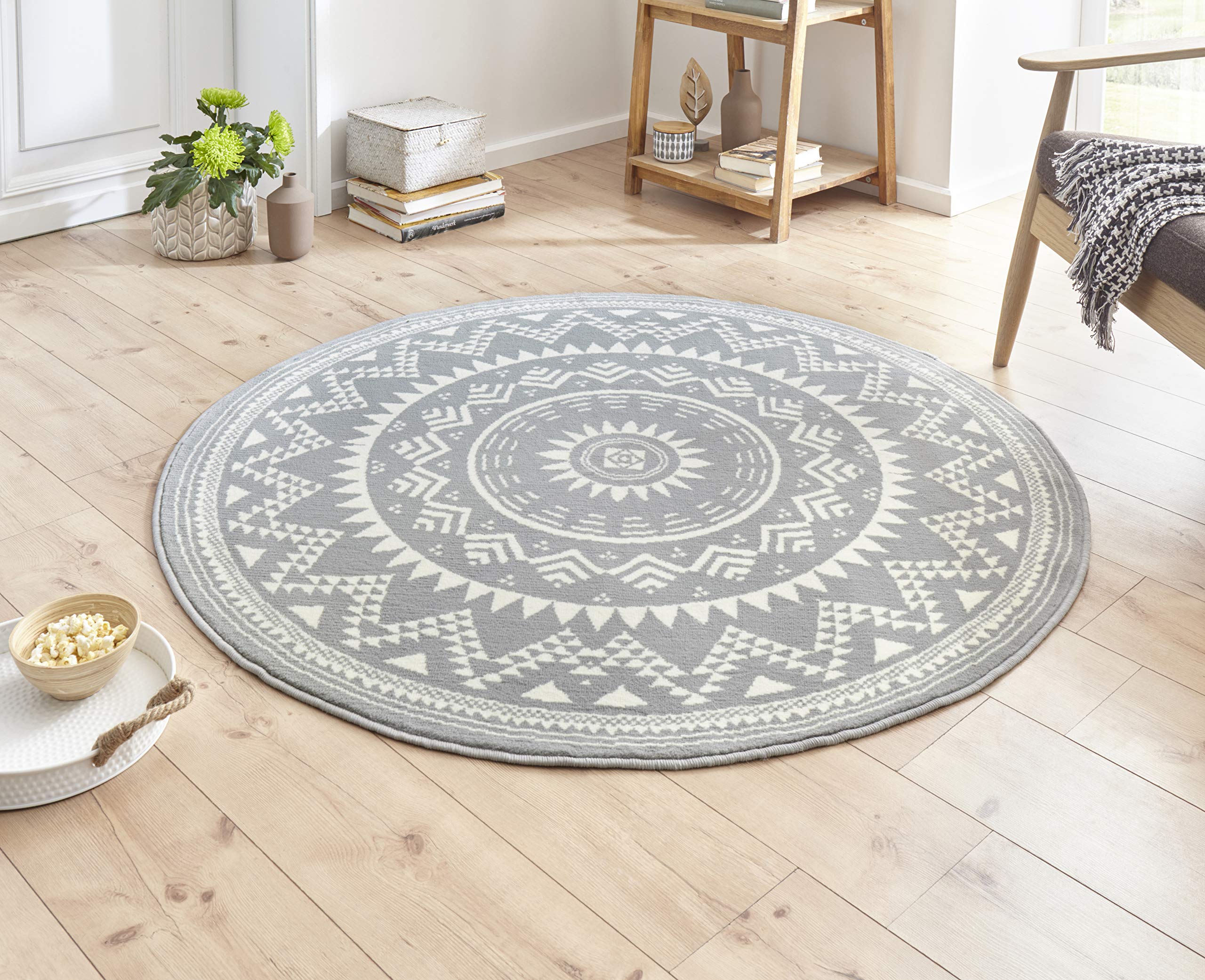 Hanse Home Valencia Alfombra Redonda – Alfombra de Pelo Corto Moderna Vintage para Comedor, salón, habitación de los niños, Pasillo, Dormitorio, Cocina, Gris y Crema, diámetro de 140 cm