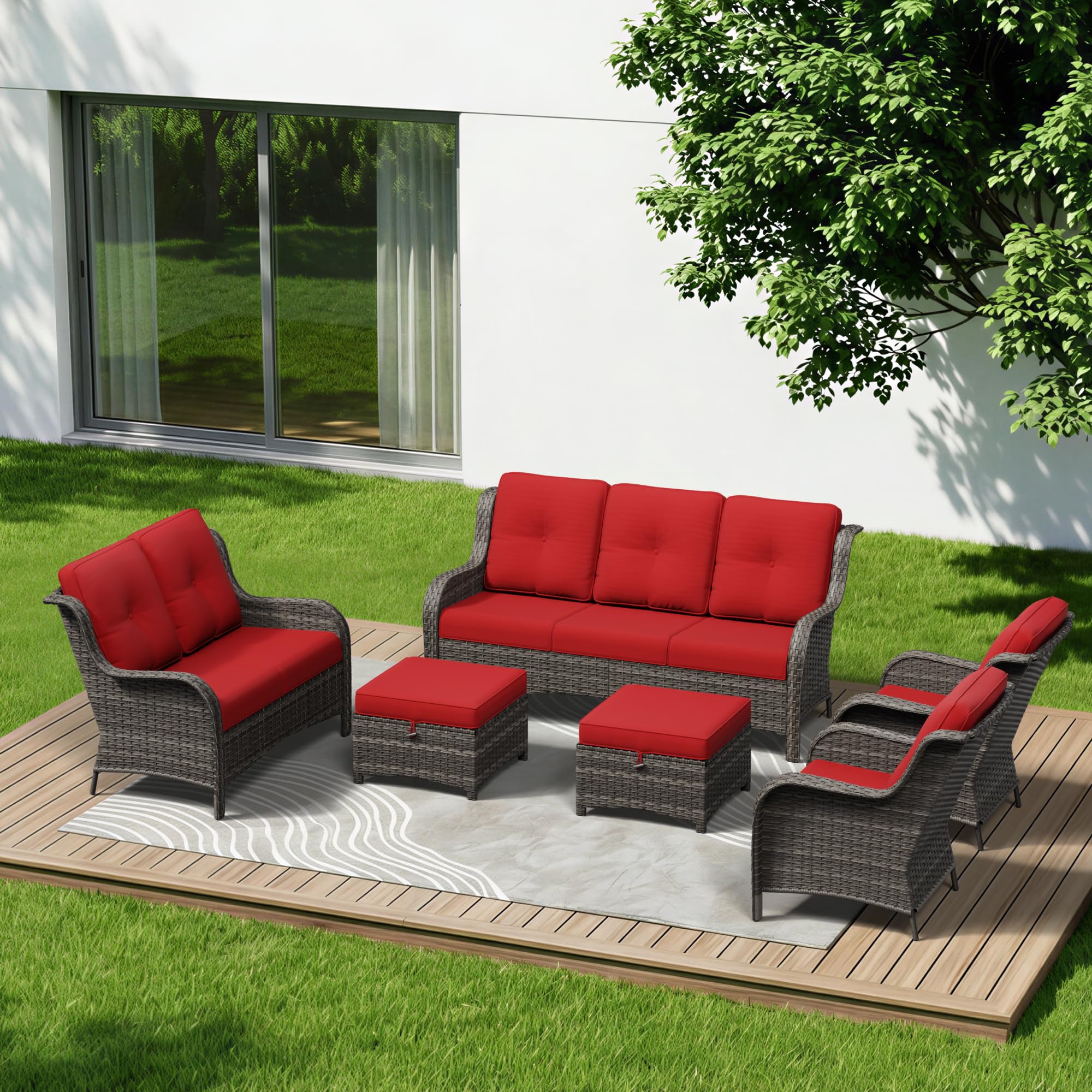 6 Piece Outdoor Wicker Patio Furniture Set, Patio Chairs Set with Thickened Olefin Cushions, High Back and Deep Seating, Hand-Woven PE Rattan, Ottoman for Porch, Deck
