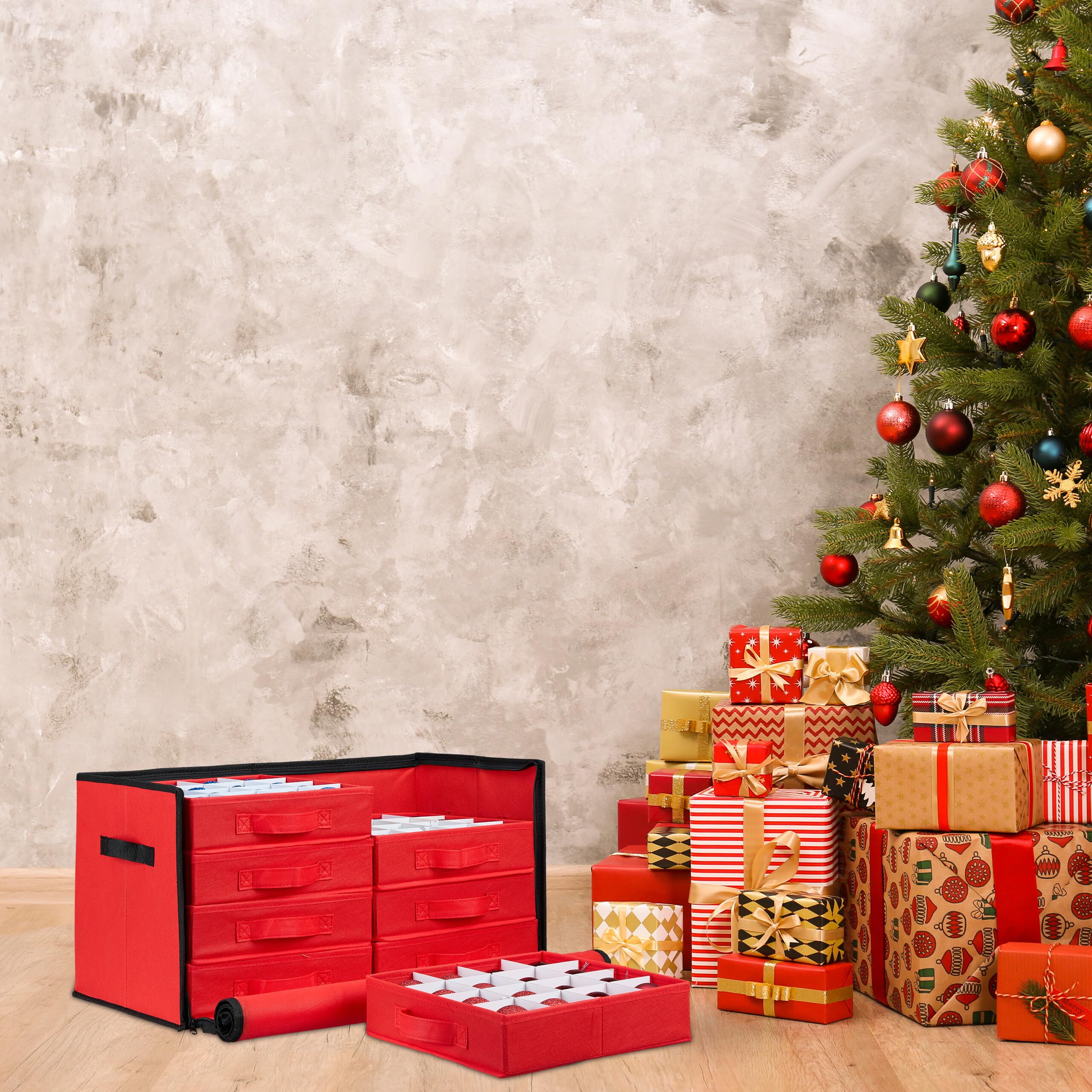 Relaxdays Scatola per Palline di Natale, Borsa Porta Palle, Addobbi Natalizi, 128 Scomparti, 30,5x62x30,5 cm, Rosso Nero