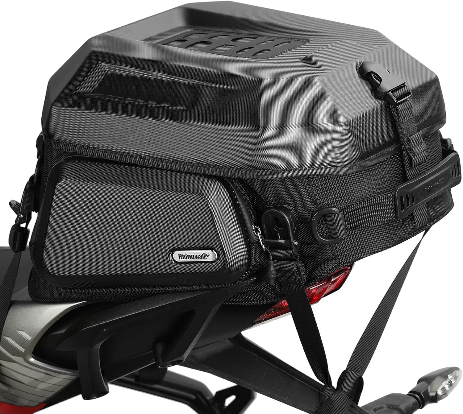 Rhinowalk Motorcycle Tail Bag 23–35L – Hard Shell Rear Seat Bag with Side Pockets, Waterproof Liner, Helmet Storage, Backpack Straps (Matte Black Shell)