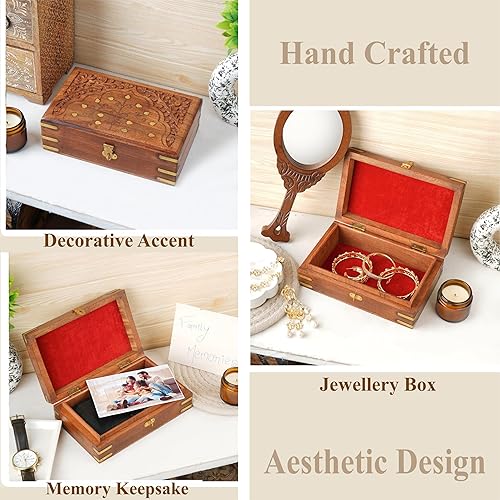 Miniatura 2 de Ajuny Joyero de madera hecho a mano con incrustaciones de latón para mujer Organizador de viaje de almacenamiento de recuerdos multiusos tallado a