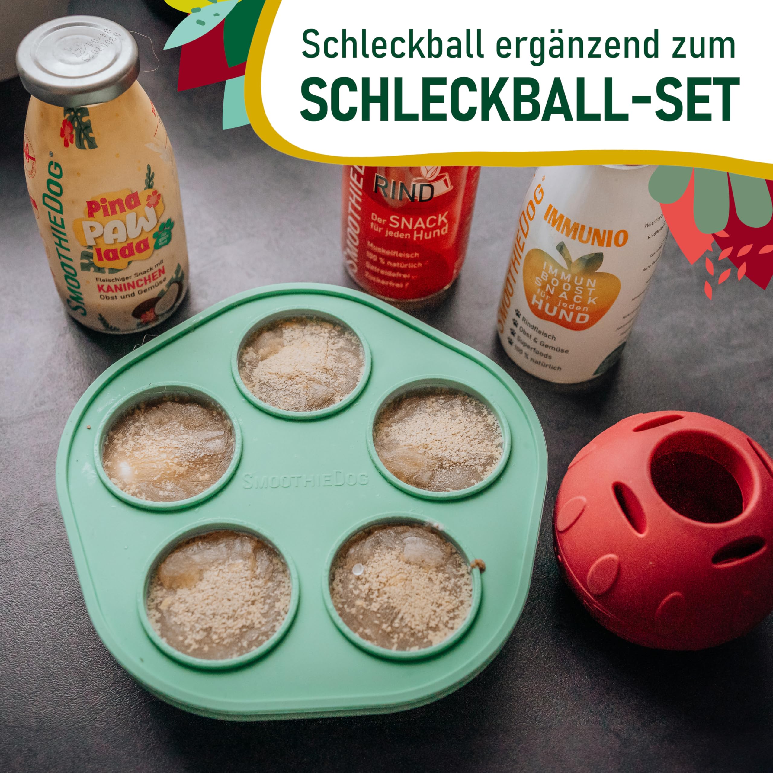 SmoothieDog Schleckball-Set + 1 Schleckball - Schleckball für Hunde, Snackball, für Mehrhundehaushalte, zur Beschäftigung, bpa frei, robust, befüllbar, zum einfrieren, spülmaschinenfest
