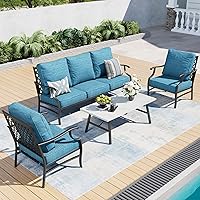 Vista 44 de Juego de muebles de patio, 4 piezas de muebles modernos de metal para exteriores, sofá de 3 plazas, 2 sillas mecedoras, mesa de centro y cojín extra