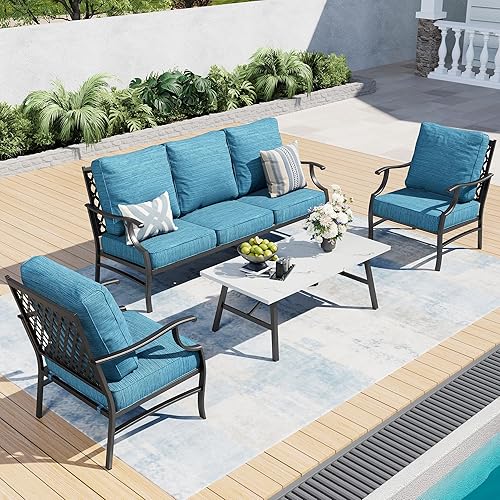 Miniatura 44 de Juego de muebles de patio, 4 piezas de muebles modernos de metal para exteriores, sofá de 3 plazas, 2 sillas mecedoras, mesa de centro y cojín extra