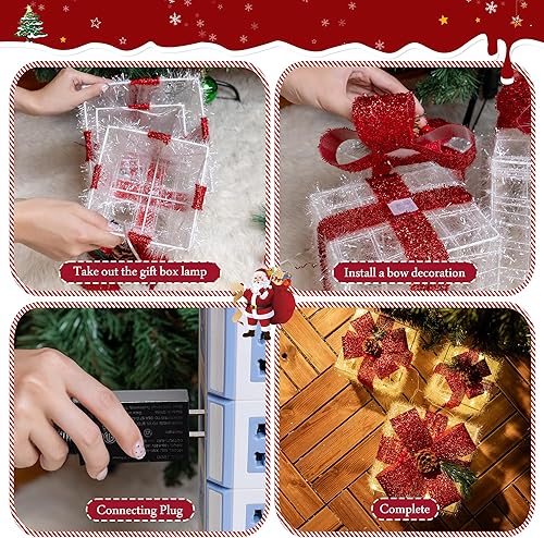 Miniatura 4 de Juego de 3 cajas de regalo iluminadas de Navidad, 60 luces LED blancas cálidas preiluminadas, cajas de regalo decorativas para vacaciones,