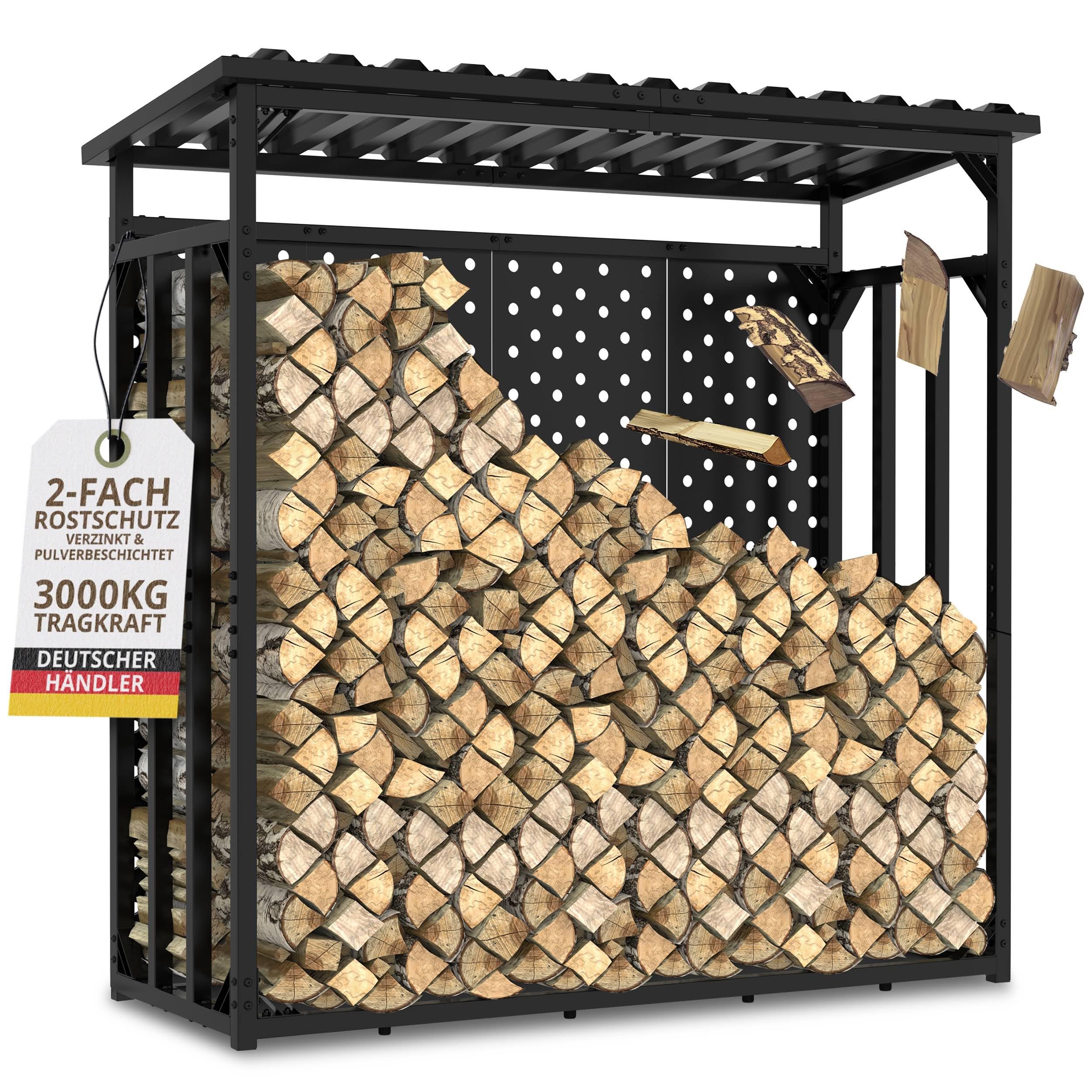 Kaminholzregal mit Rückwand außen 187x88x186 | verzinkt Metall Garten Holzregal Stapelhilfe mit Abdeckplane XXL Feuerholz Unterstand Metall Dach mit Wetterschutz