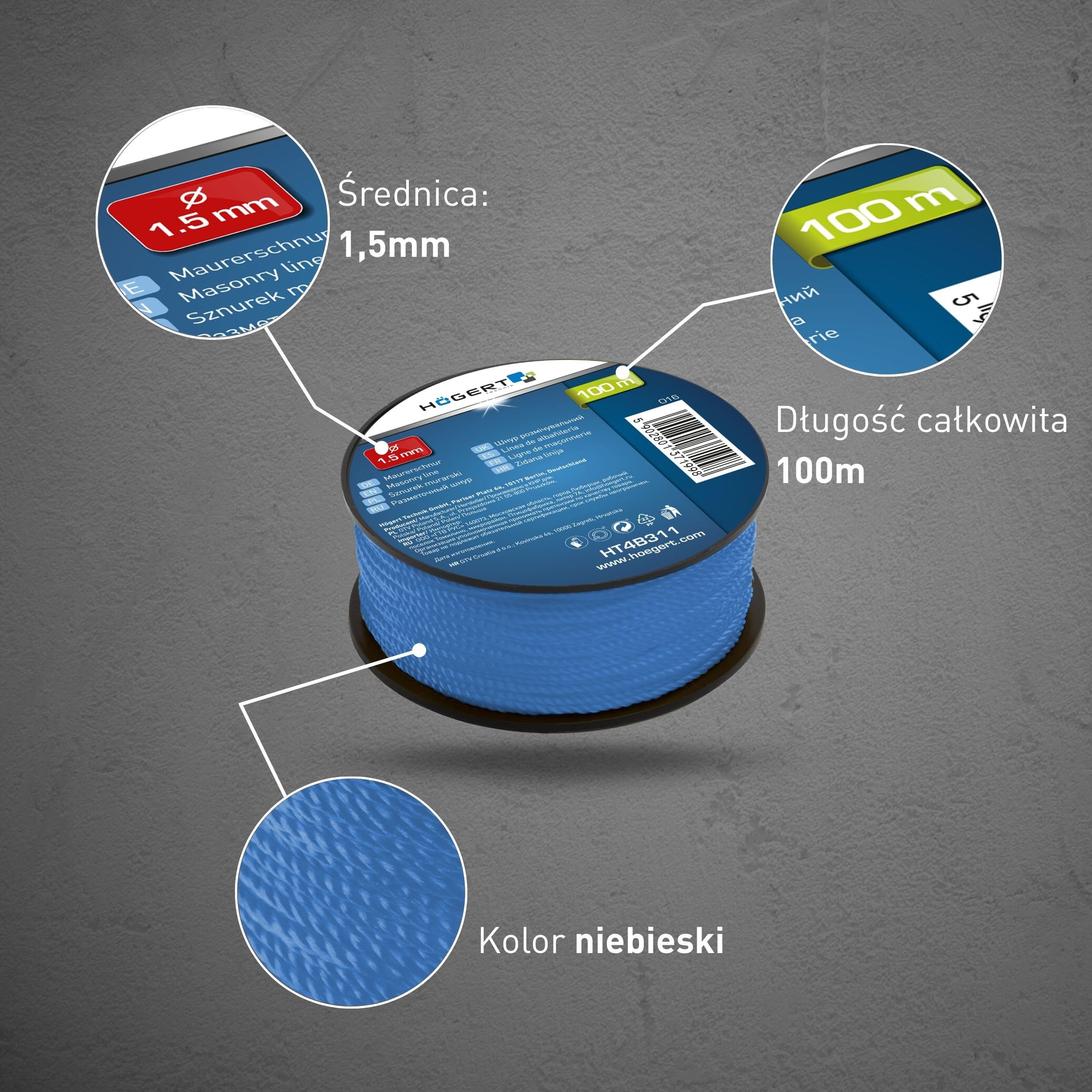 HÖGERT TECHNIK - Sznurek murowy, sznur budowlany, sznur do bruku, sznur poziomujący, odporny na rozerwanie i wytrzymały, długość 100 m, Ø 1,5 mm, lekko widoczny niebieski kolor