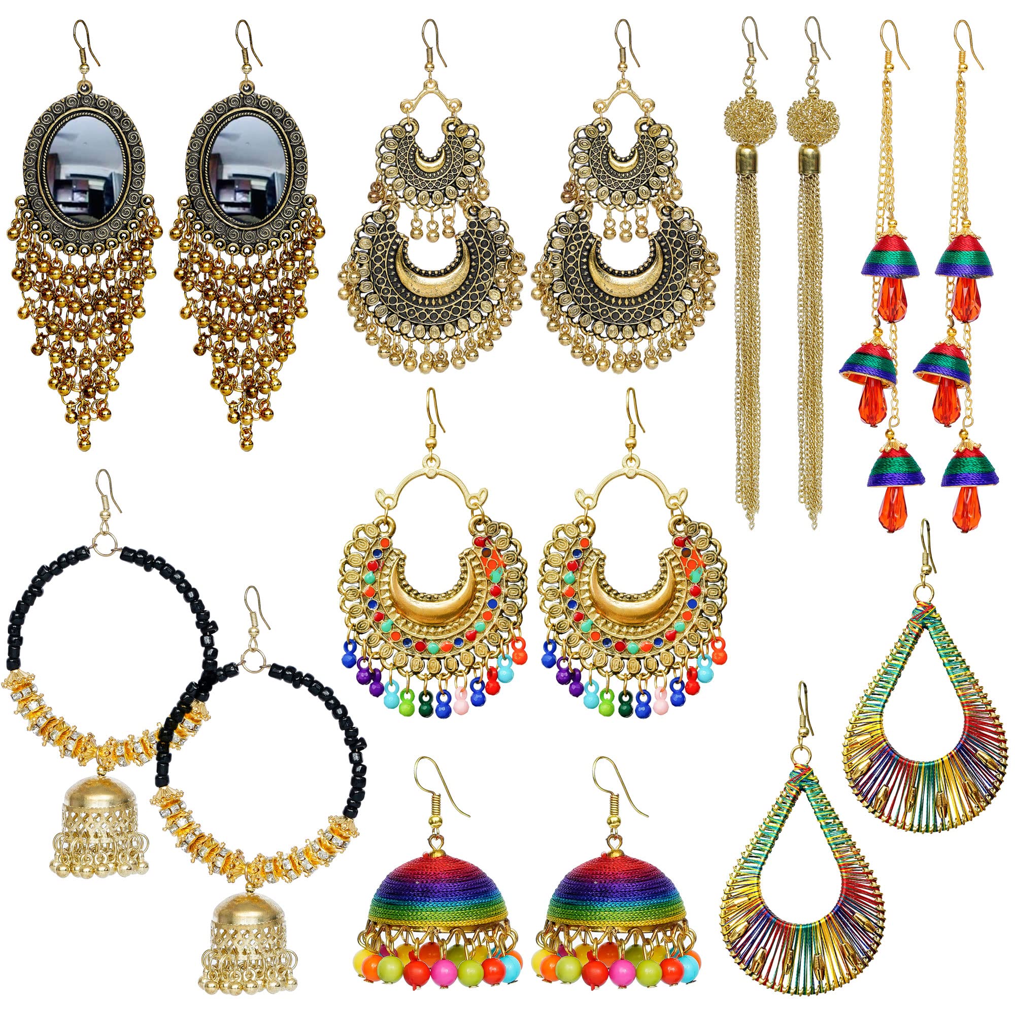 Yotog Biggest 8 Pair Stylish Oxidised Gold Earrings Combo, Brass Based Afghani Long Earrings, Mirror Chandbali, Big Jhumka, Drop and Danglers For Girl and Woman (B09L8FGYKC) Amazon Price History, Amazon Price Tracker