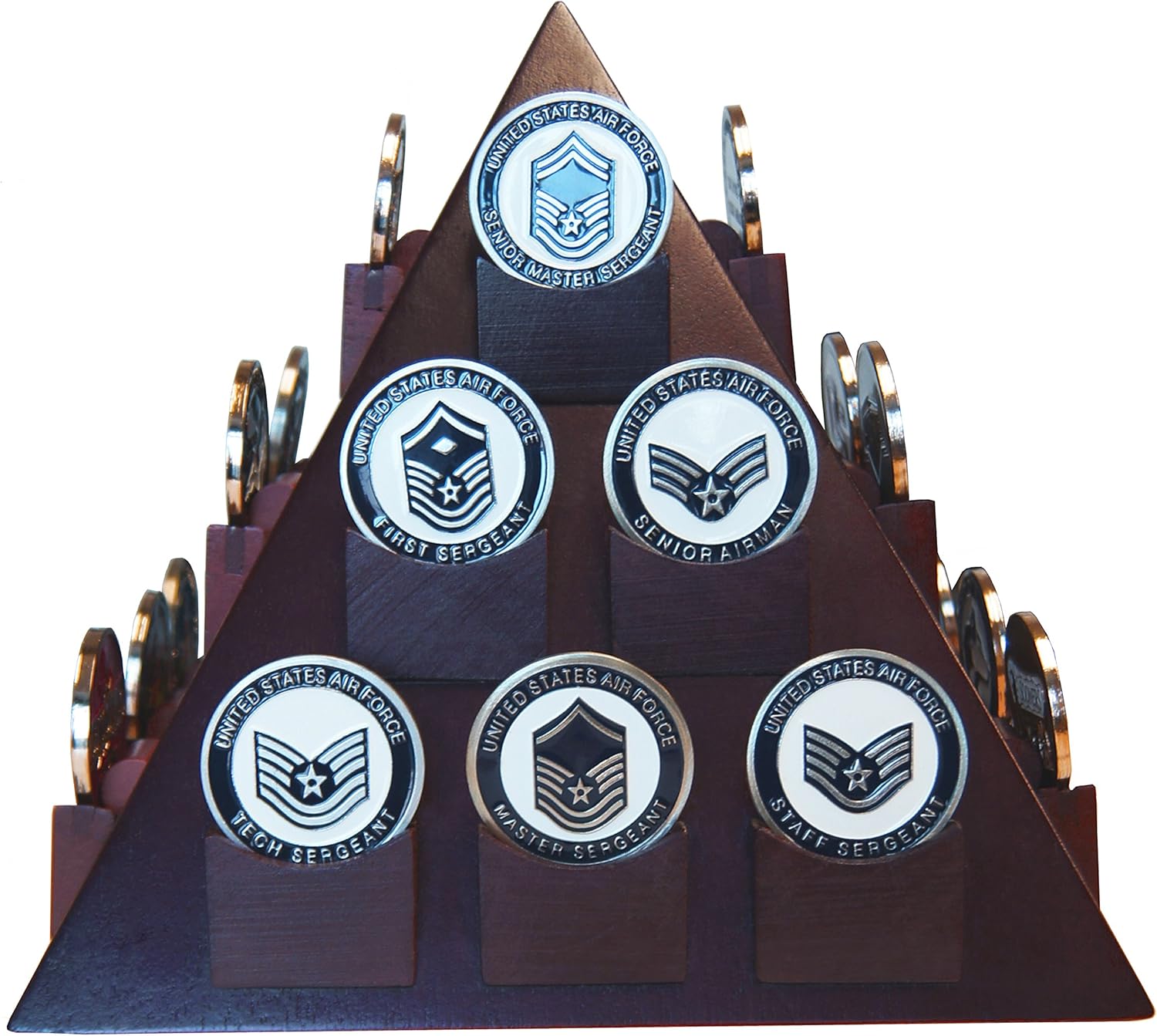 DECOMIL - Pyramid Shaped Military Challenge Coin & Poker/Casino Chip Display Solid Wood - Cherry Finish