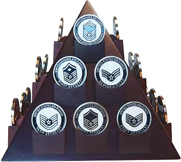 DECOMIL - Pyramid Shaped Military Challenge Coin & Poker/Casino Chip Display Solid Wood - Cherry Finish