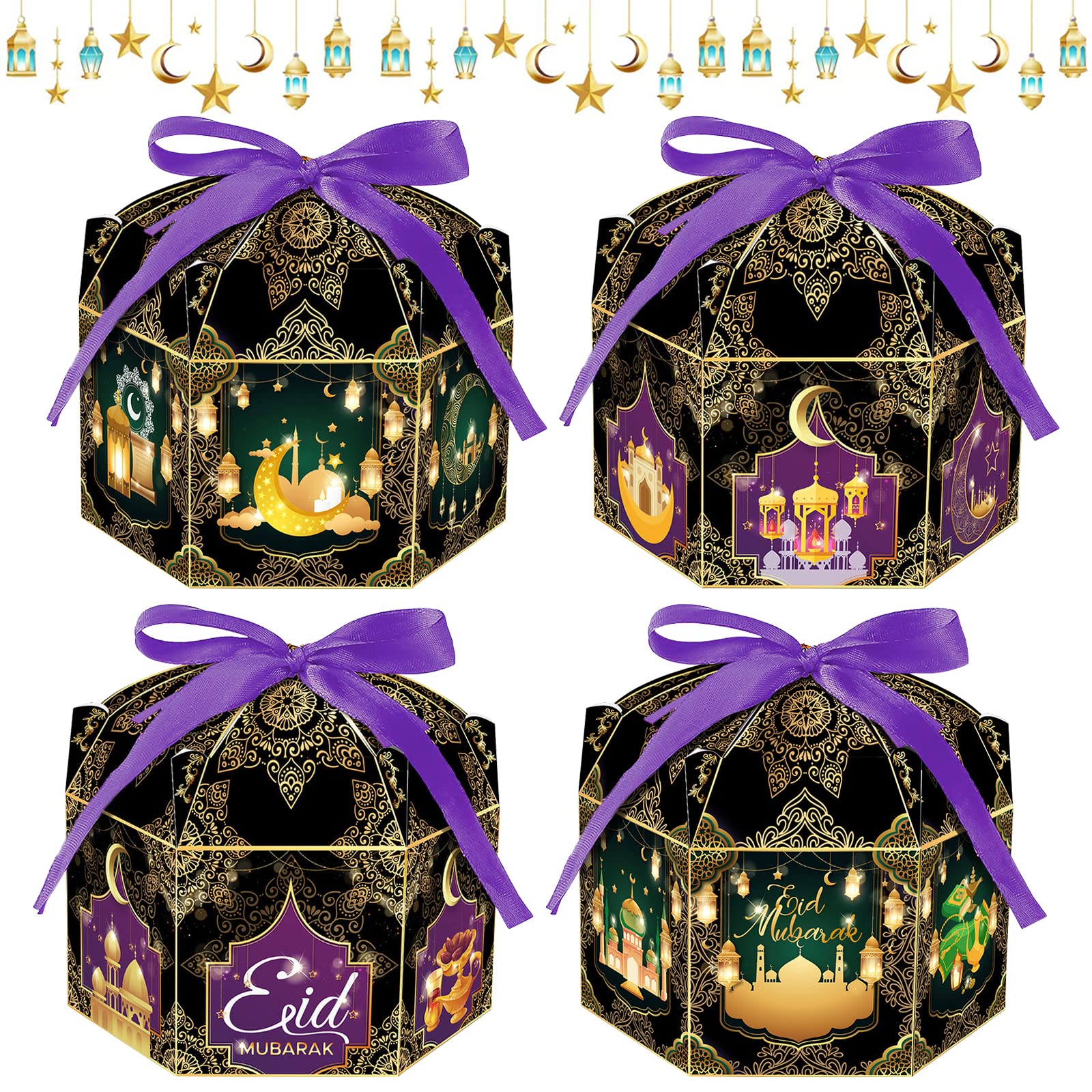 12 Boîtes Cadeaux Aïd Mubarak Ramadan – Sacs Hexagonaux Élégants Avec Ruban, Motif Château Lunaire Musulman, Parfait Pour Friandises Et Petits Cadeaux Eid