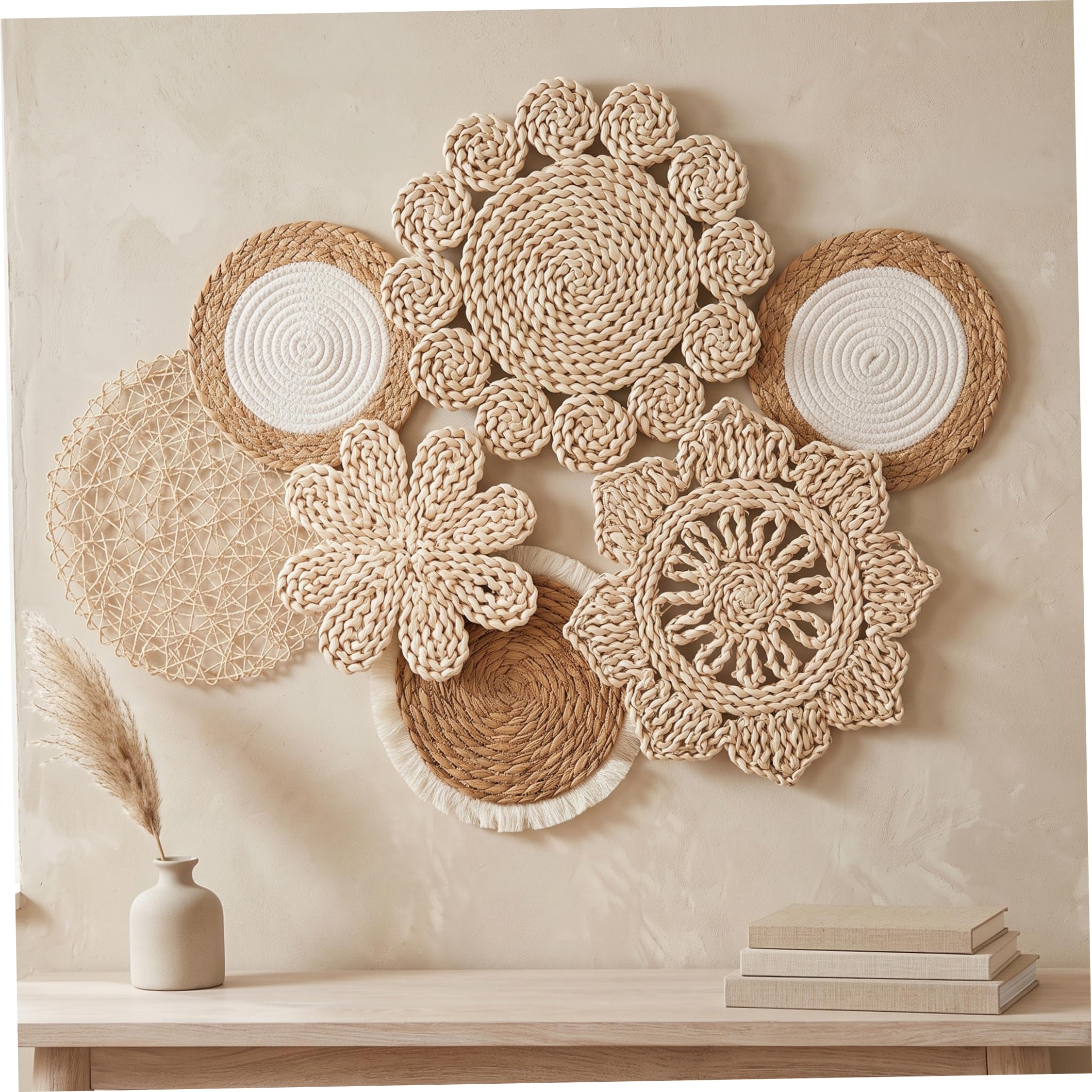 Wedhapy 7 unids/set decoración de pared de mimbre, arte de pared tejido a mano, Beige