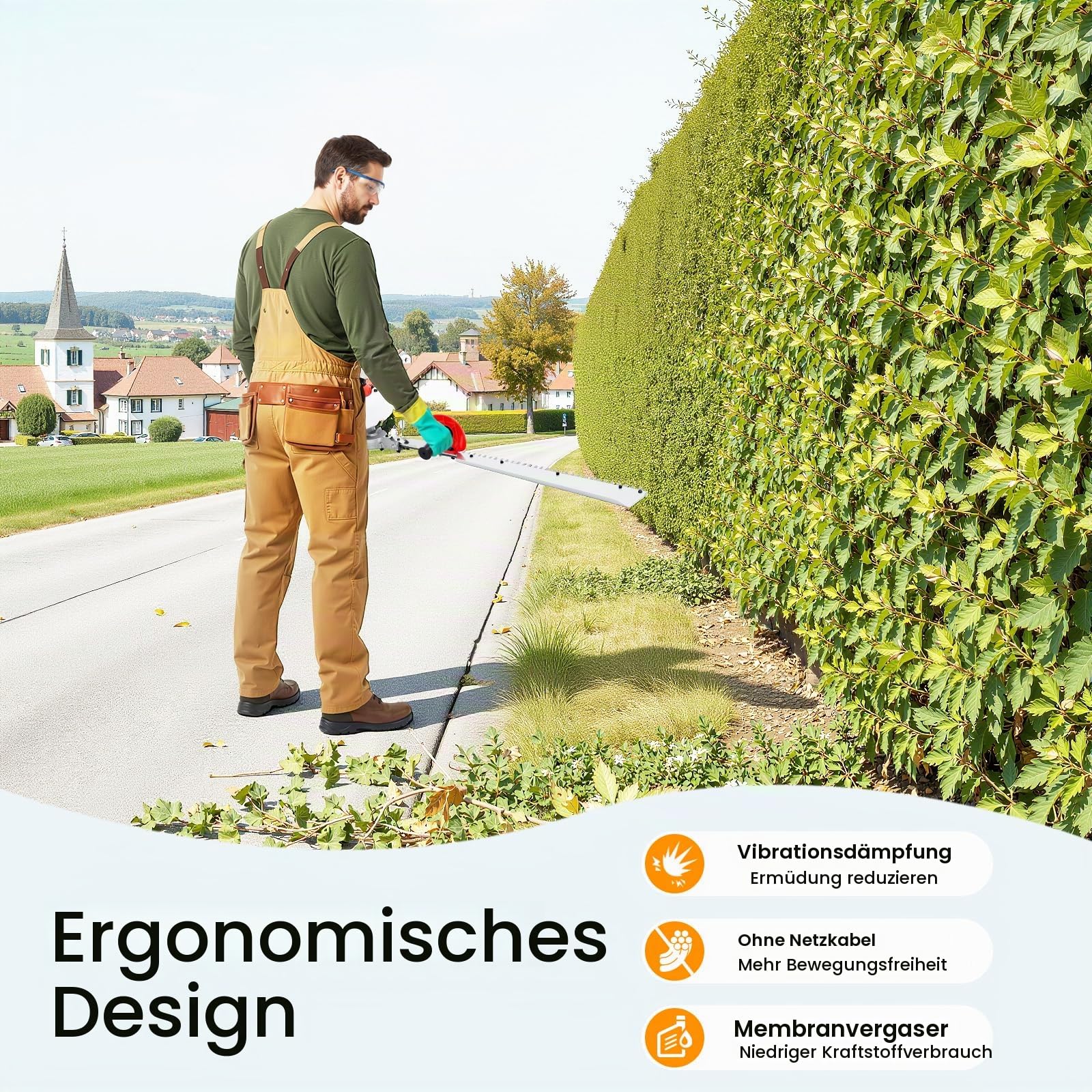 Benzin Heckenschere, 70cm Schnittlänge | 2-Takt | 23ccm Hubraum | Einzelklinge | Gartenbuschtrimmer