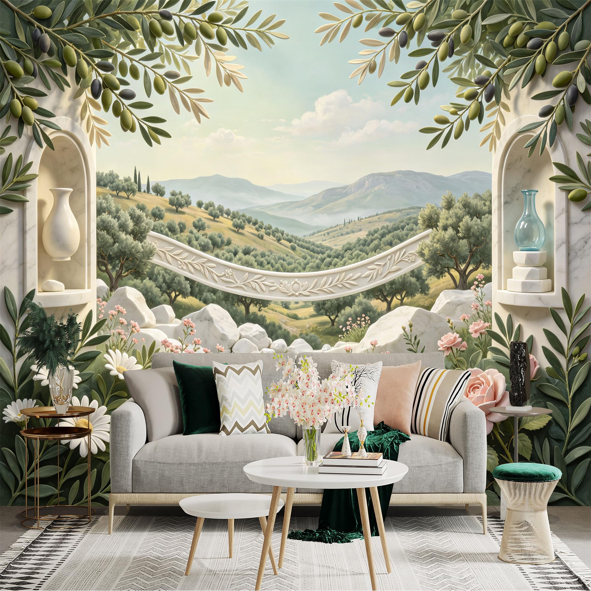 Lnzczhyre Bh260719544 Custom Size Wall Sticker Mural， Mediterranean Landscape， Olive Trees And Floral Garden， White Stone Archway， For Wall Decoration， Peelandstick Wall Decals.