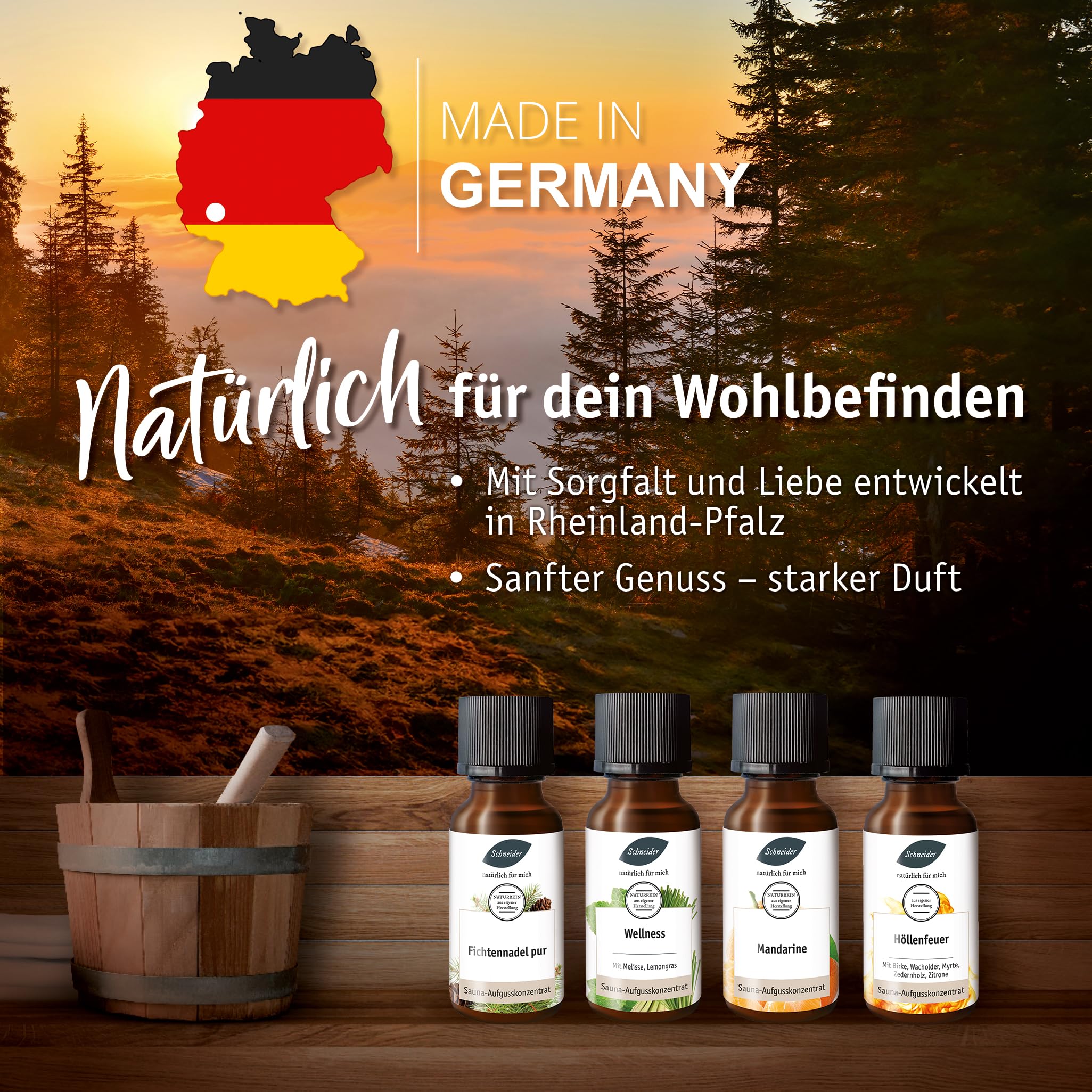 Saunabedarf Schneider Sauna Aufguss Set „Duftreise 20“: 20 x 20 ml, naturreine ätherische Öle, vielfältige Duftkompositionen aus aller Welt, Saunaaufguss Set Wellnessmomente & Abwechslung