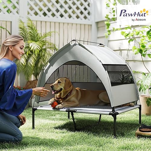 Miniatura 2 de PawHut Cama elevada para perros con almohadilla de enfriamiento, cama elevada para mascotas al aire libre con toldo extraíble, malla transpirable,