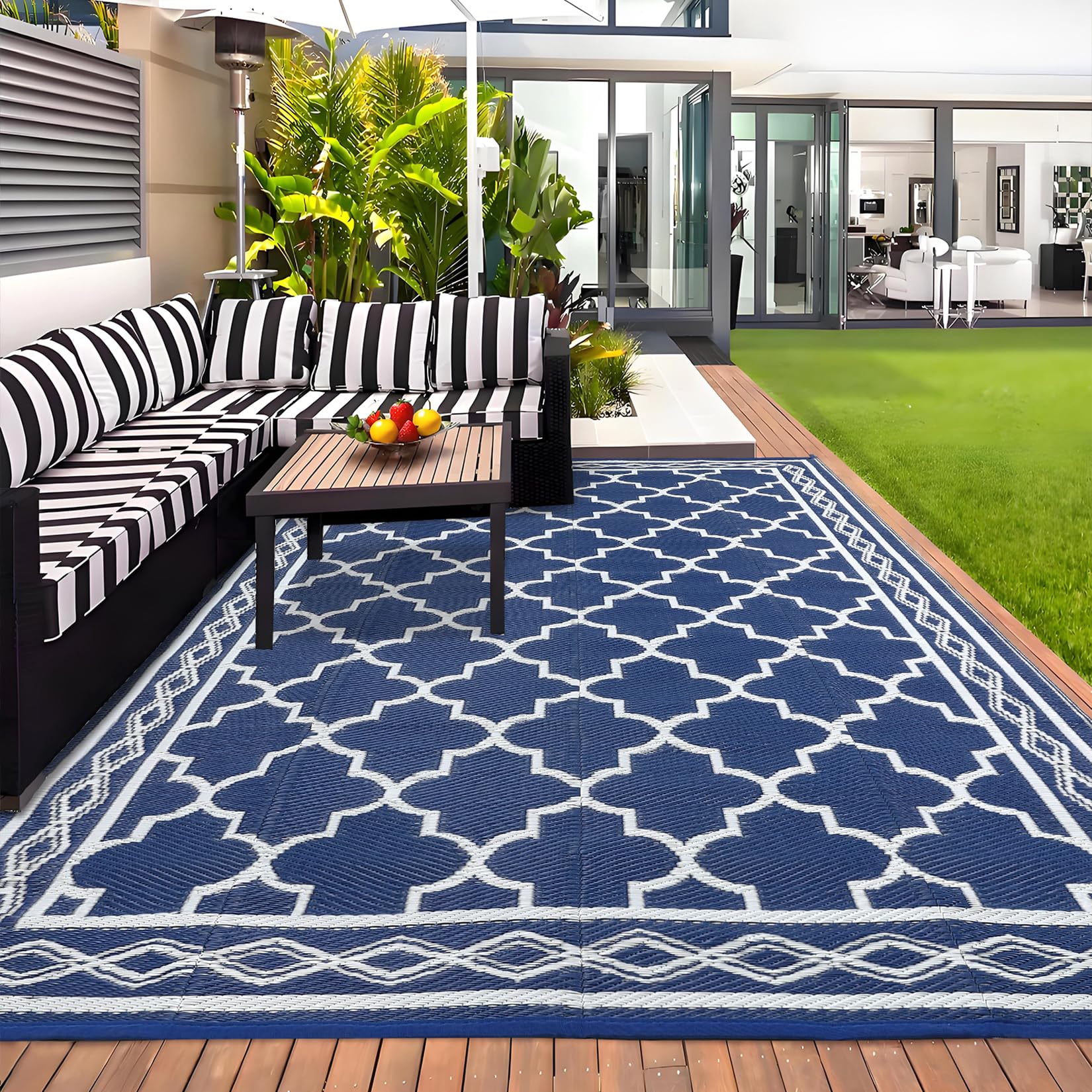 GarveeHome Outdoor Rug 8x10 Reversible Mats, Plastic Straw Rug, Large Floor Mat and Rug for Outdoors, Modern Area Rug, Patio, Backyard, Deck, Picnic, Beach, Trailer, Camping, Navy/White(Geometric)