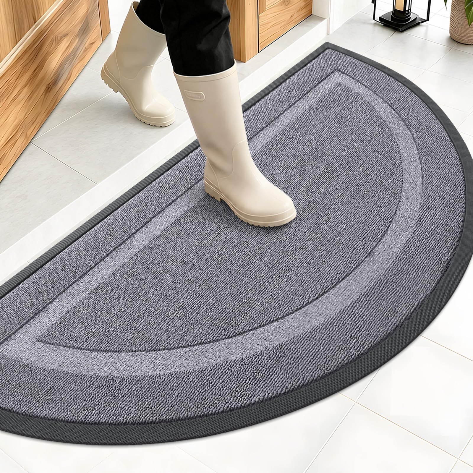 OLANLY Half Circle Front Door Mat Outside 47x23 All-Season Rubber Doormat | Classic Gray, Absorbent, Heavy-Duty, Stain and Fade Resistant, Non-Slip Backing, Low-Profile Indoor Outdoor Entryway Mat