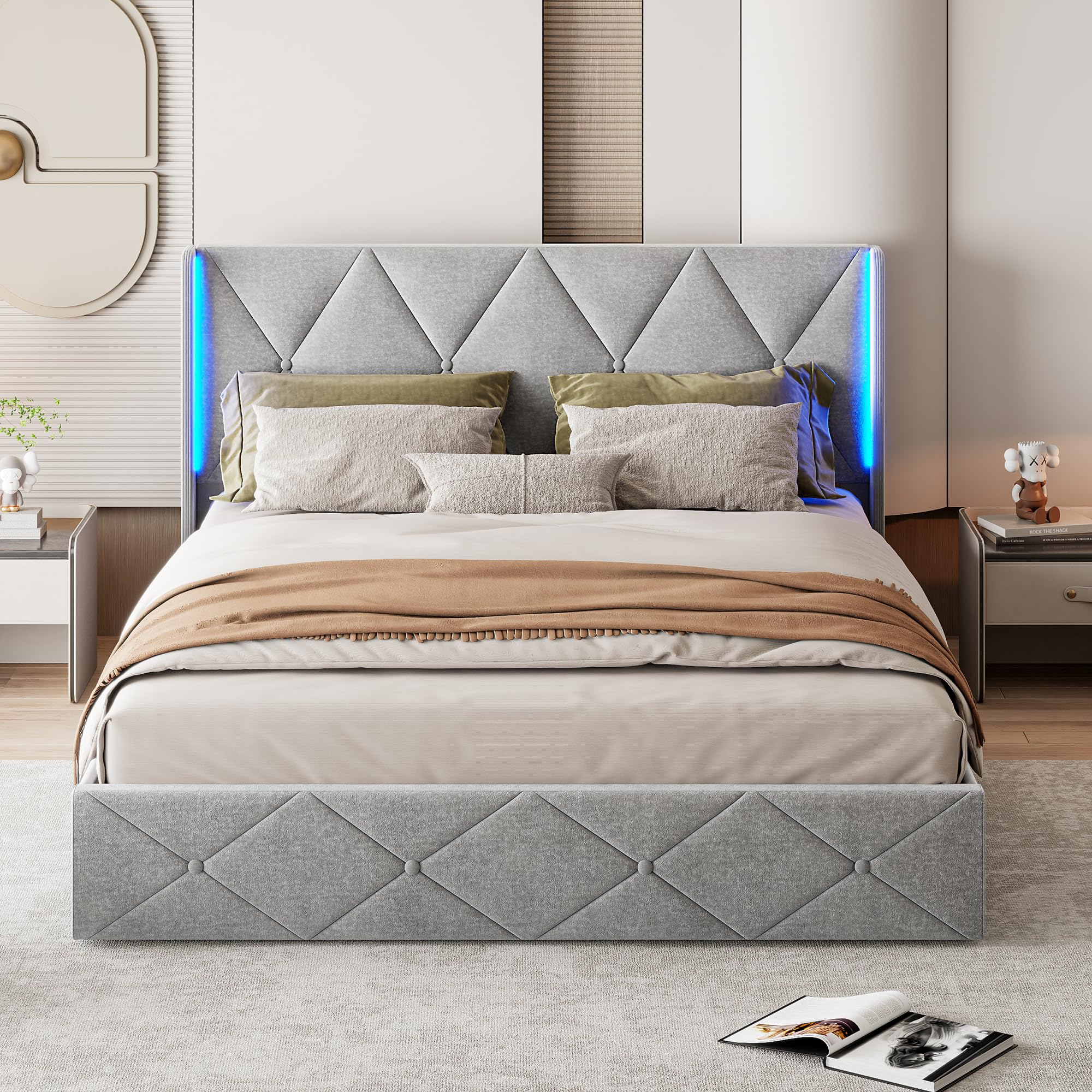 Lit Coffre 160x200 Cm, Avec éclairage LED Intégré Et Port De Charge USB Sommier A Lattes Tete De Lit Rangement Lin Design Moderne Gris 89770334