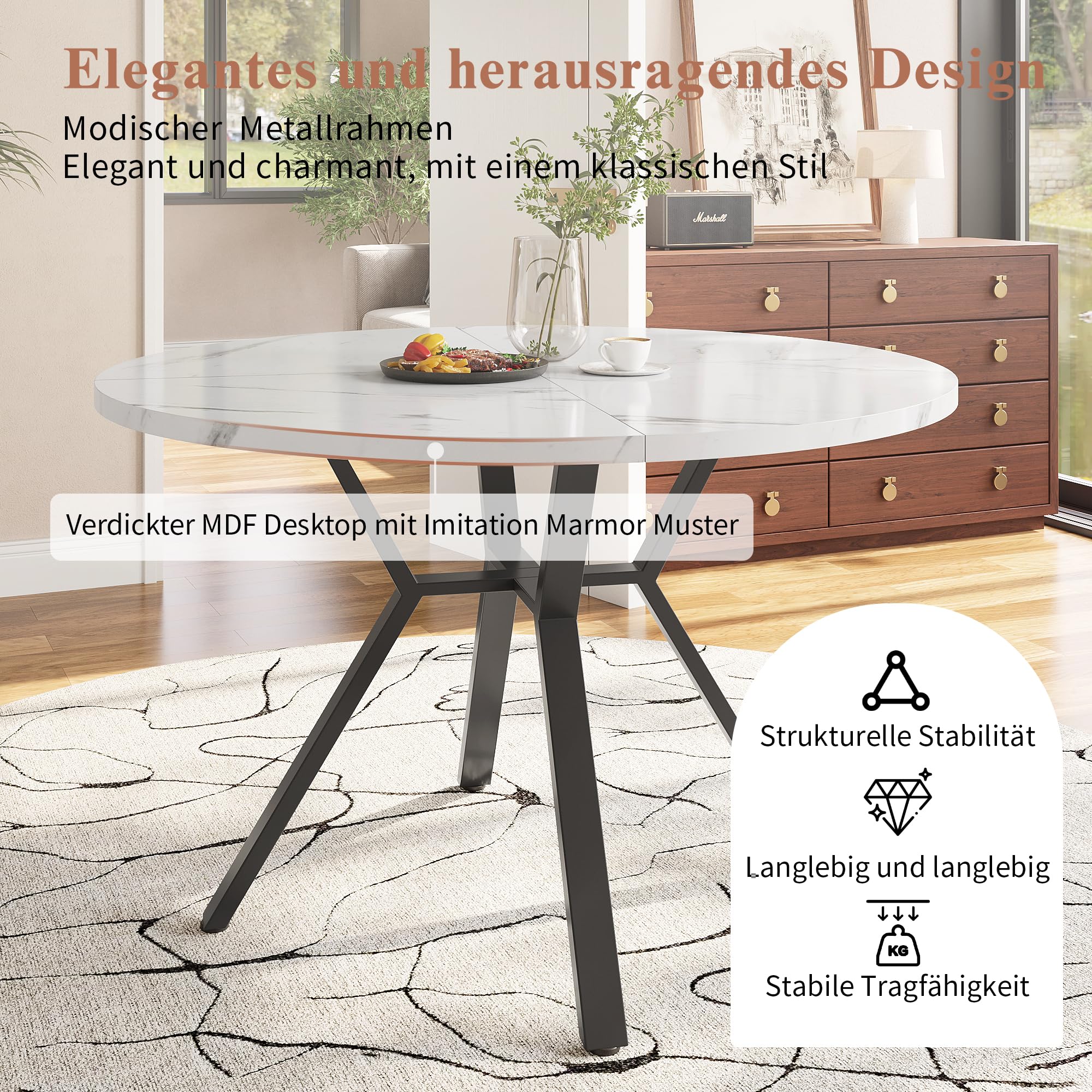 Tavolo da pranzo rotondo 100 × 100 × 76 cm, tavolo da cucina per 4 persone, tavolino da caffè, tavolo in marmo MDF, piccolo tavolo da pranzo per sala da pranzo, soggiorno (stile A, bianco+