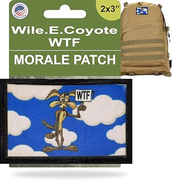 RedheadedTshirts Loony Tunes Wile E Coyote WTF Morale Patch | Funny 2x3 Rectangular Polycotton Hook and Loop Morale Patch by RedheadedTshirts