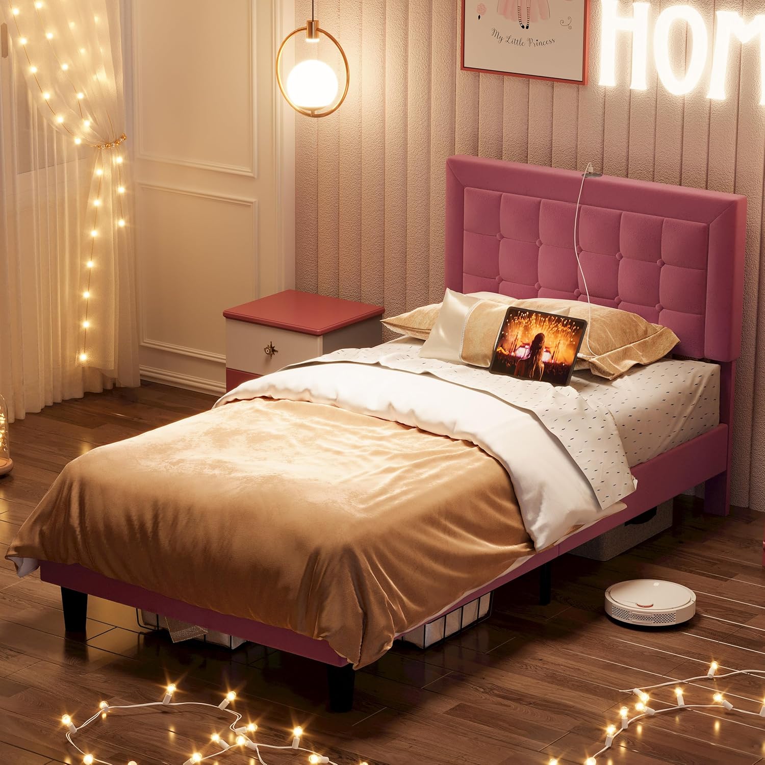 ANCTOR Twin Bed Frame in a bedroom with a robot vacuum underneath