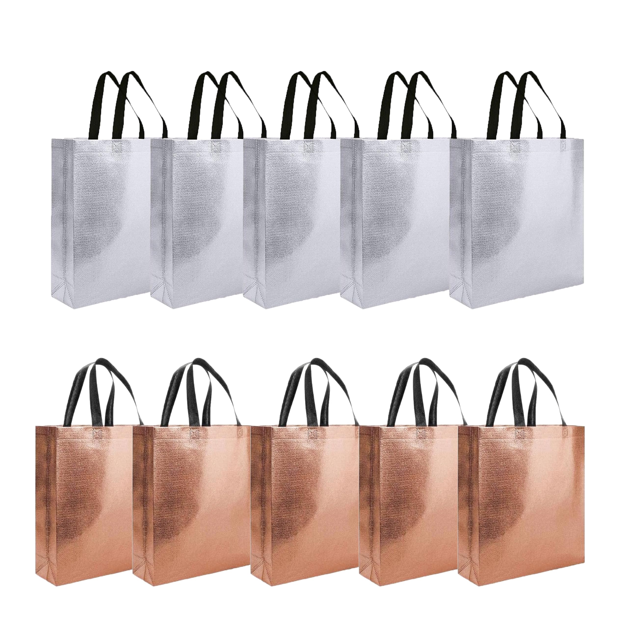 Evafly Gift Bag Medium Size Pack of 10 : L13 x W12 x D4 inch|Resuable Non-Woven Shiny Metallic Laminated|Return Gift For Haldi/Wedding Favours/Baby Shower/Birthday - Silver + Copper