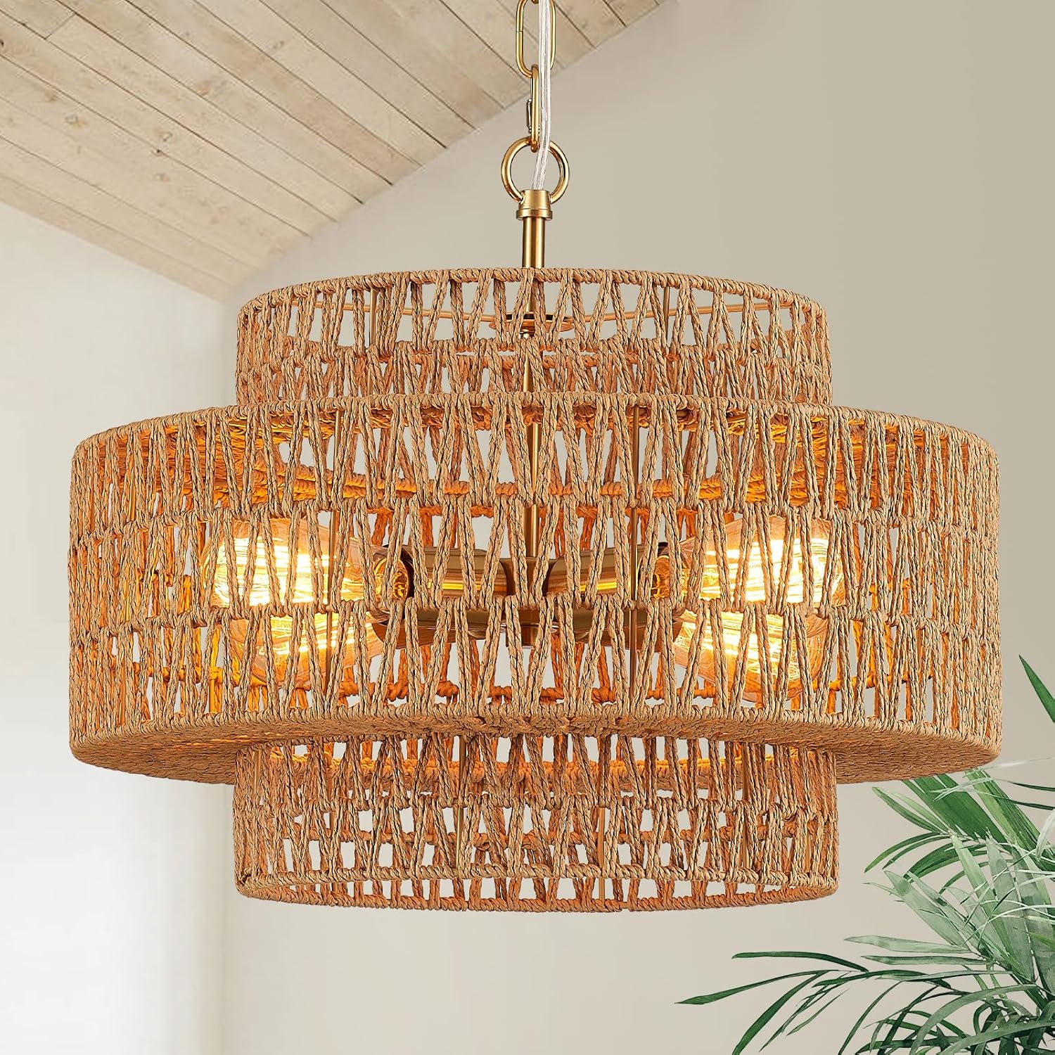 17.8" Boho Rattan Chandelier Light Fixture, 4-Light Golden Hand Woven Pendant Light Fixture Farmhouse Rustic Wicker Chandeliers for Kitchen, Bedroom, Dining Room, Living Room, Hallway, Foyer