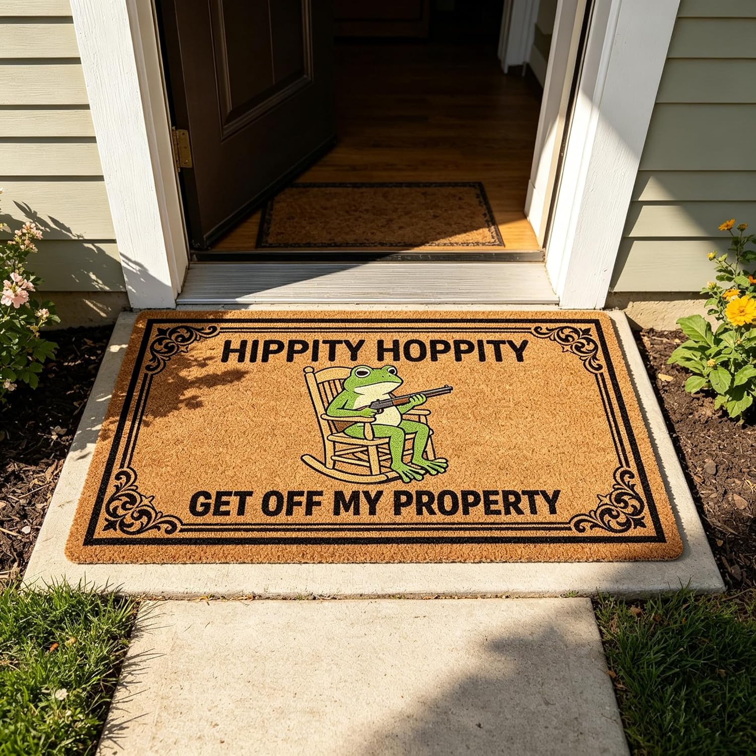 Hippity Hoppity Get Off My Property Funny Frog Faux Coir Door Mat, Non-Slip Low Profile Washable Indoor Outdoor Entrance Rug, 30x17 Inch, Dirt Trapping All Season Festive Home Decor Gift