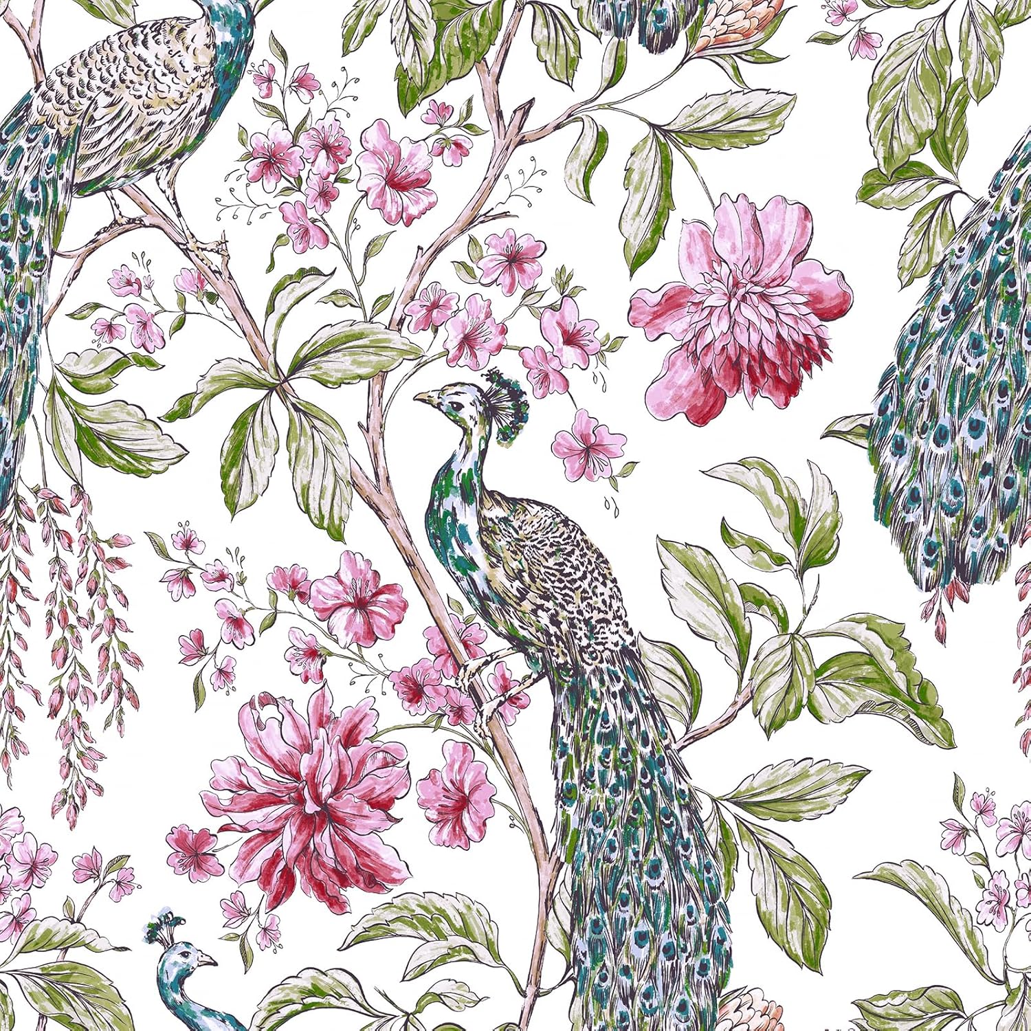 VaryStyle Vintage Peacock Wallpaper Elegant Pink/Green Tree Peony Floral Peel and Stick Wallpaper for Bedroom Bathroom 17.7"x118" Waterproof Removable Vinyl Contact Paper for Cabinets Shelf Wall Mural