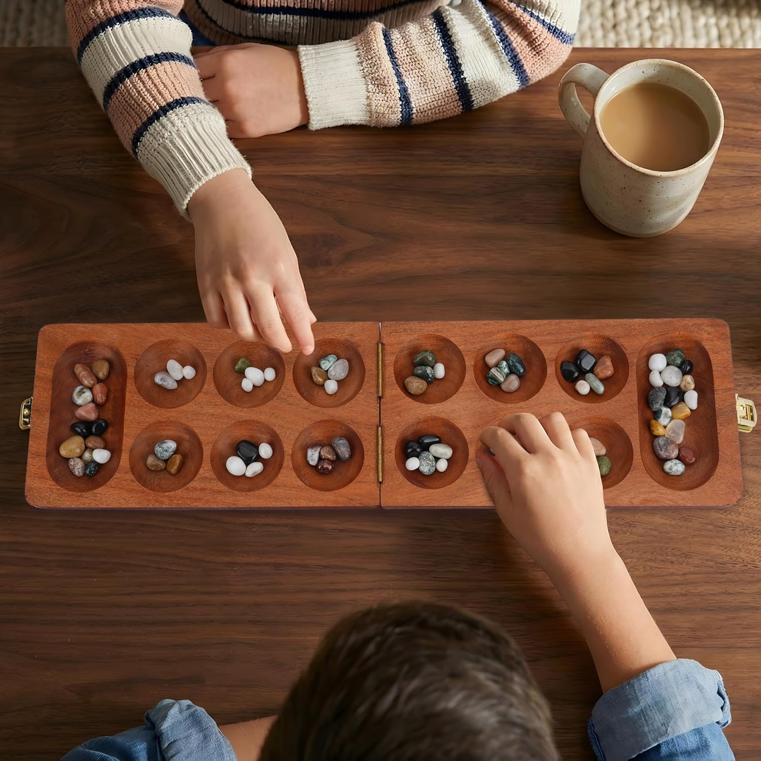 Ajuny Wooden Mancala Board Game Set – Classic Board Games, Portable Folding Travel Mancala Board with Marbles (72+8 Stones), Ideal Family Wooden Games for Adults & Kids