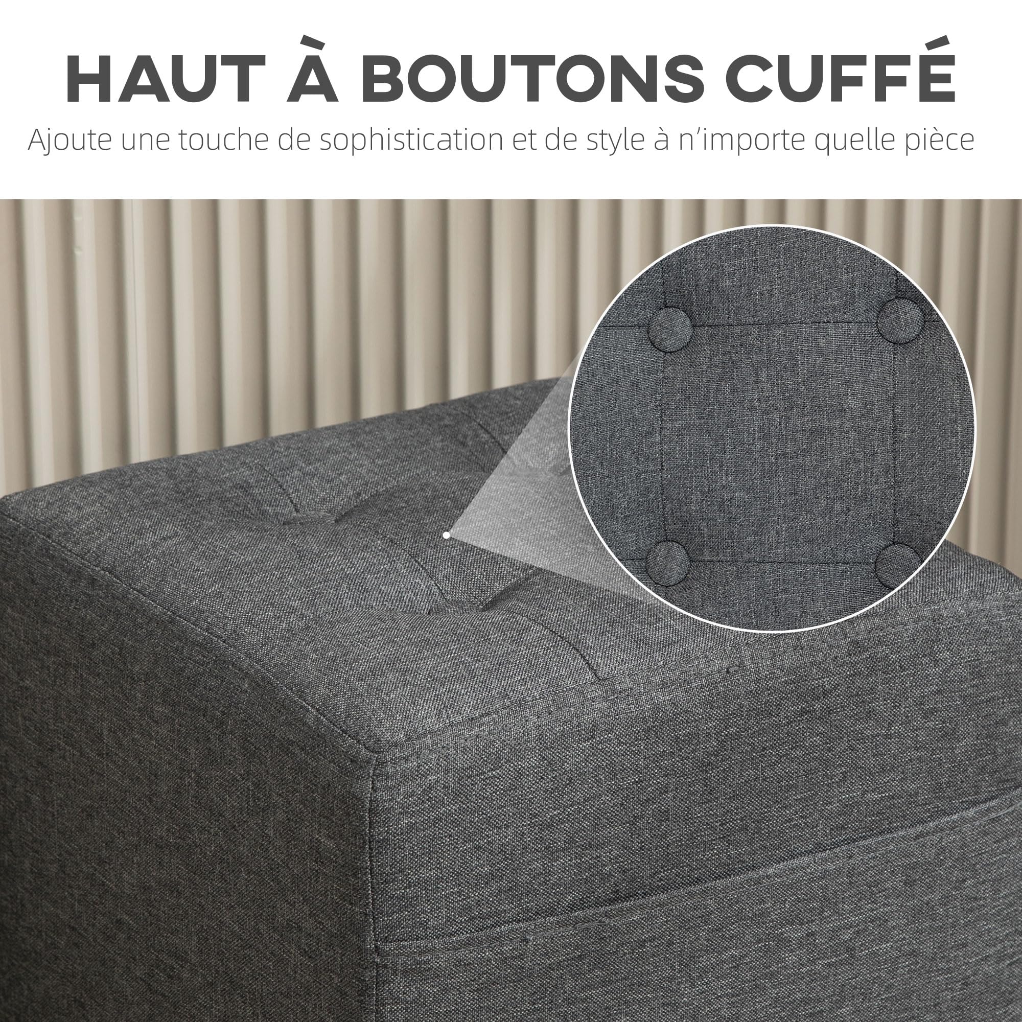 HOMCOM Poggiapiedi Soggiorno, ottomano, seduta imbottita imbottita imbottita in tessuto effetto lino, con tasca laterale, pouf soggiorno, struttura in legno, per camera da letto, ingresso, 35 x 35 x
