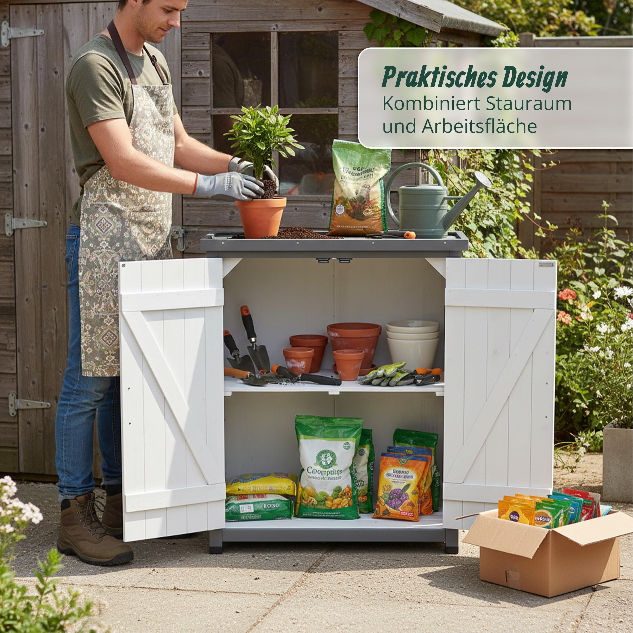 Relaxdays Pflanztisch mit Unterschrank, Holz, verzinkte Arbeitsplatte, HxBxT: 90 x 75 x 40 cm, Gartenschrank, weiß/grau