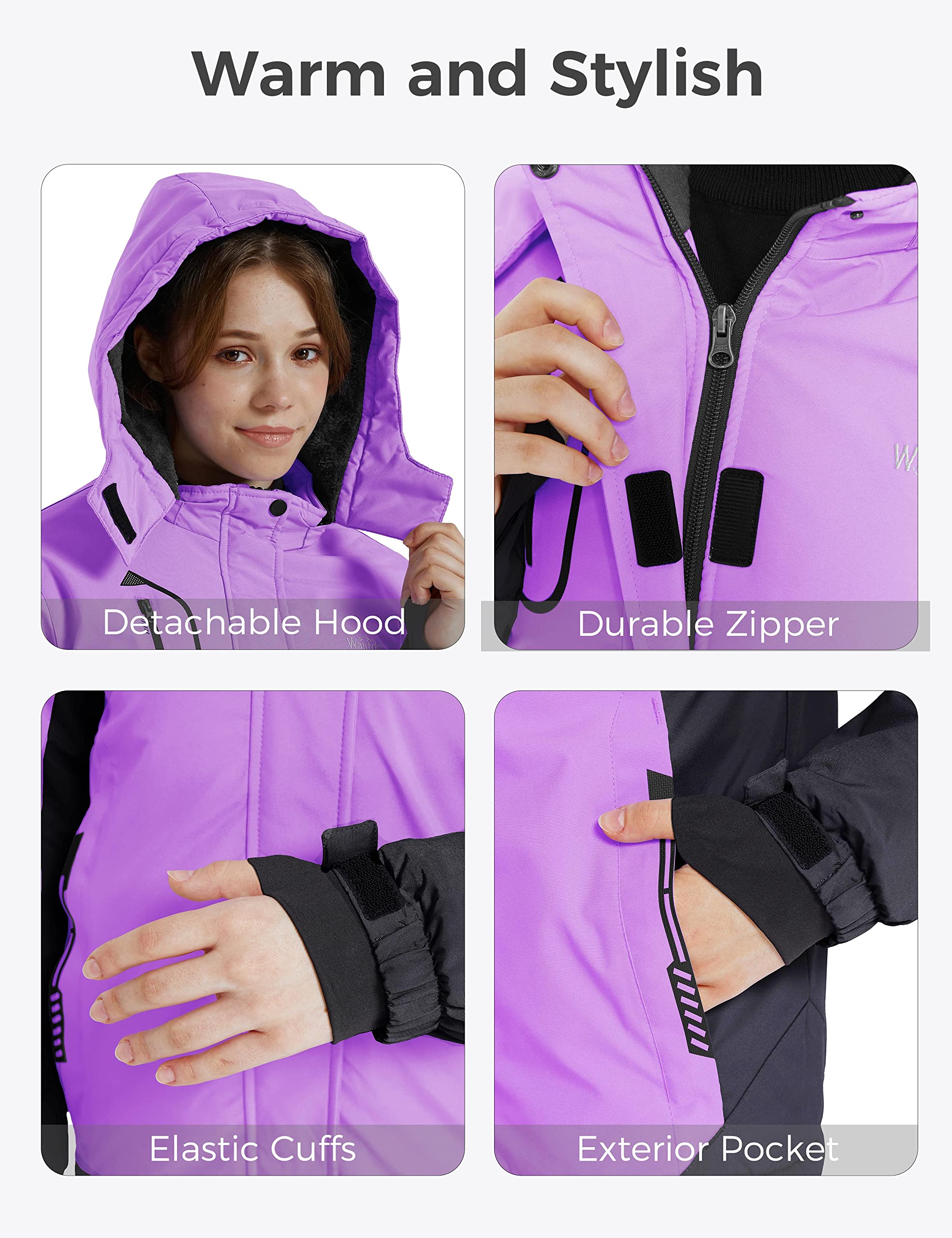 Wantdo Chaquetas de Esquí Impermeable Montaña Abrigo Snowboard para Exteriores Parka de Nieve con Capucha Chaqueta Aislada con Vellón Cálida Invierno para Niñas