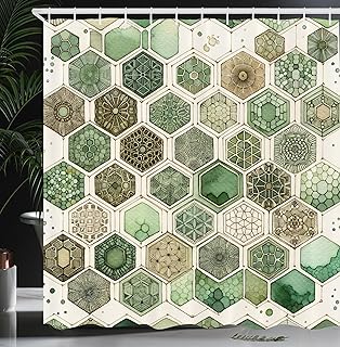 Ambesonne Sage Green Shower Curtain, Hexagon Honeycomb Pattern with Abstract Trippy Ornaments Jade Tones, Cloth Fabric Bathroom Decor Set with Hooks, 69" W x 70" L, Eggshell Caramel Teal