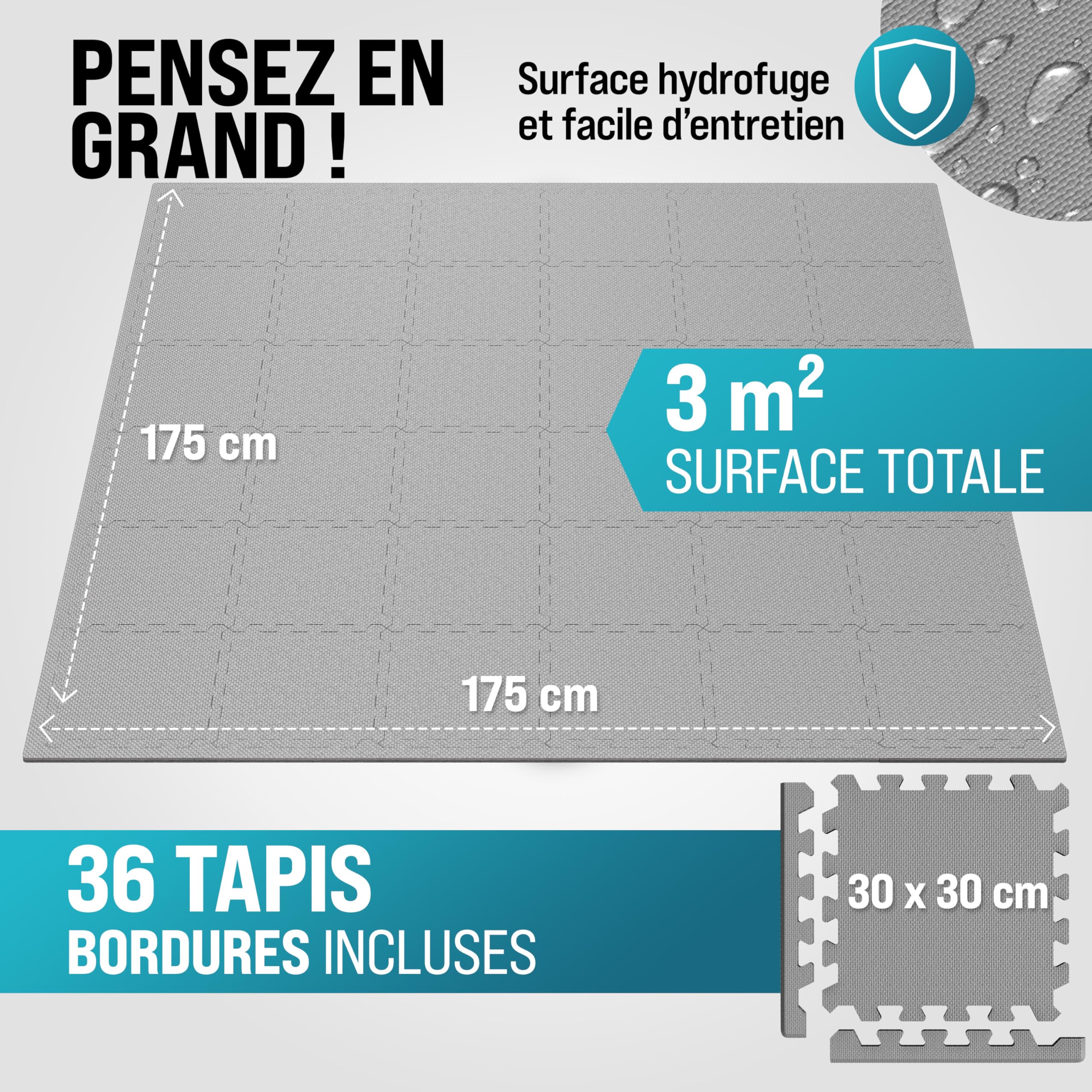 MONZANA® Tapis de Protection de Sol Gris 31x31 cm Mousse EVA 36 pièces Dalles de Protection Sport Piscine Jeu Enfant