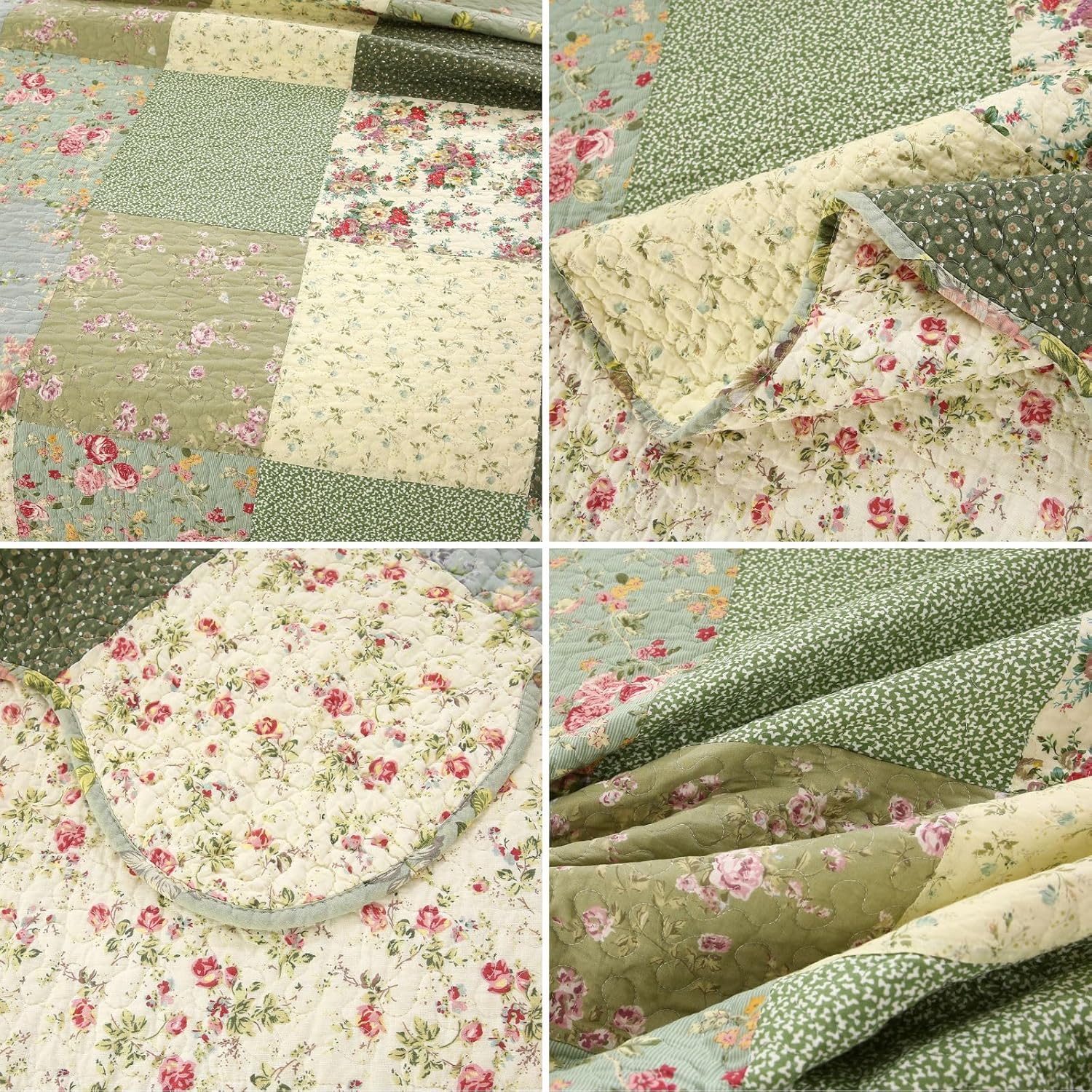 vctops Boho Patchwork Cotton Quilted Bedspread Quilt Set Queen Size 3 Pieces Soft Reversible Lightweight Coverlet Set Floral Print 1 Quilt and 2 Pillow Shams (Green D,Queen) - Image 7