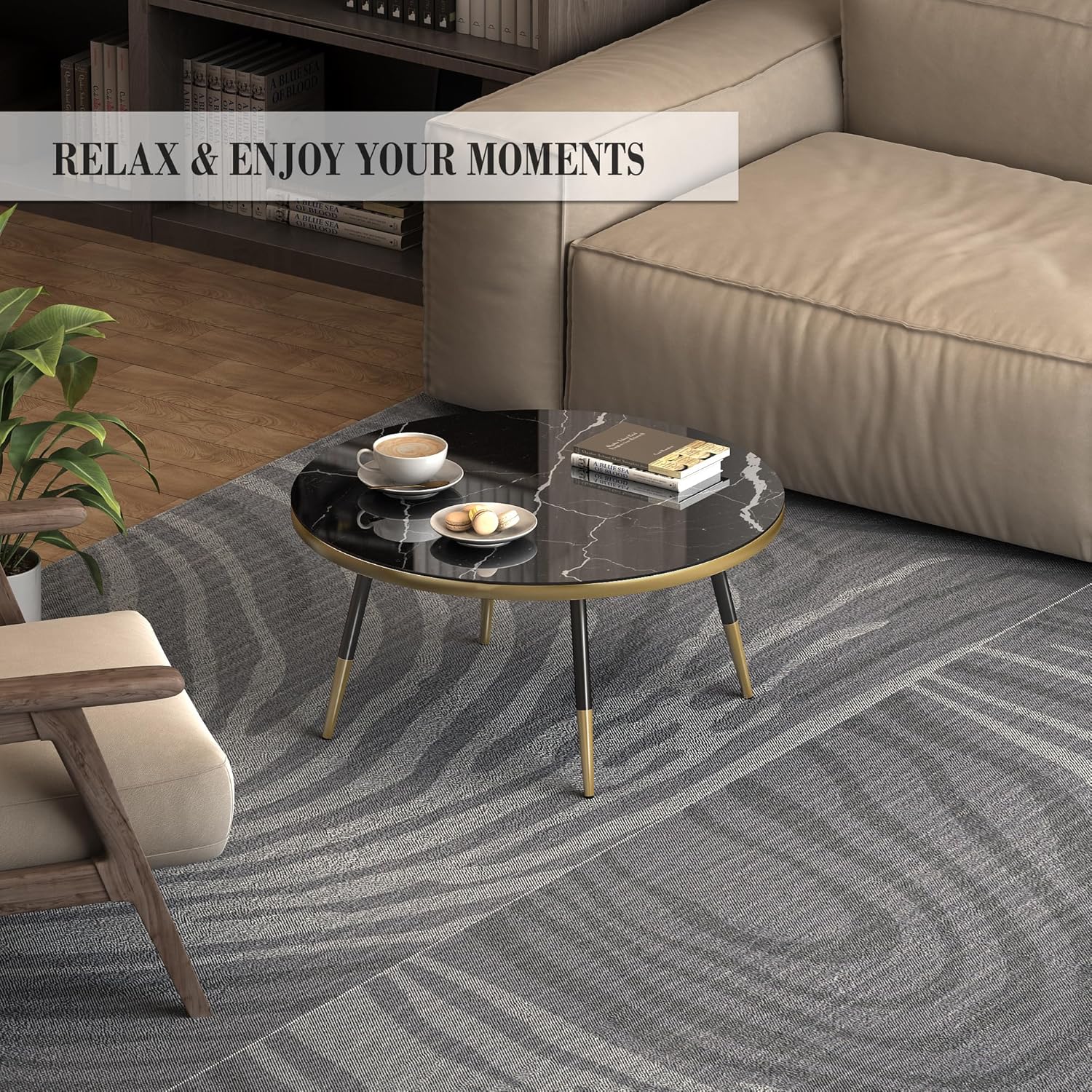 Round Coffee Table, Black Coffee Table for Living Room, Balcony 31.5" x 15.8" Space-Saving Black Marble-Textured Top, Sturdy Metal Frame with Black & Gold Finish | Premium Baked Paint, Easy Assembly