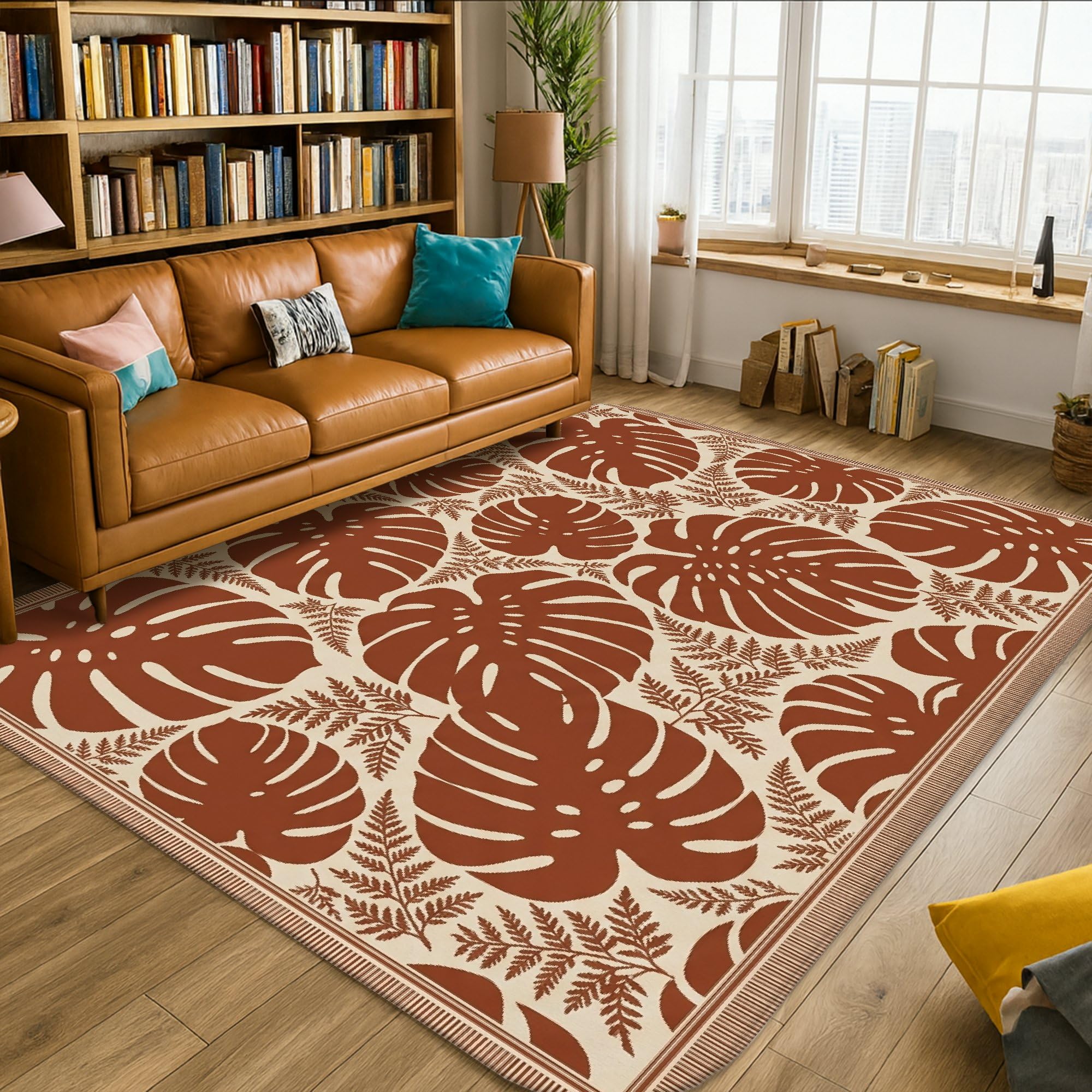 Monstera Alfombra de área tropical, natural, hojas de helecho, verano, marrón, de pelo bajo, esponjosa, suave, rectangular, resistente a las manchas, para sala de estar, dormitorio, aula, decoración