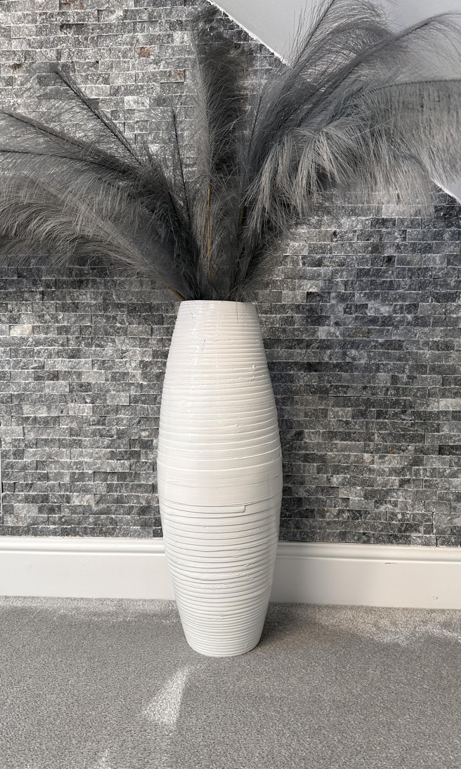 White & natural bamboo tall drum shaped vase 60cm floor or table vase (White)