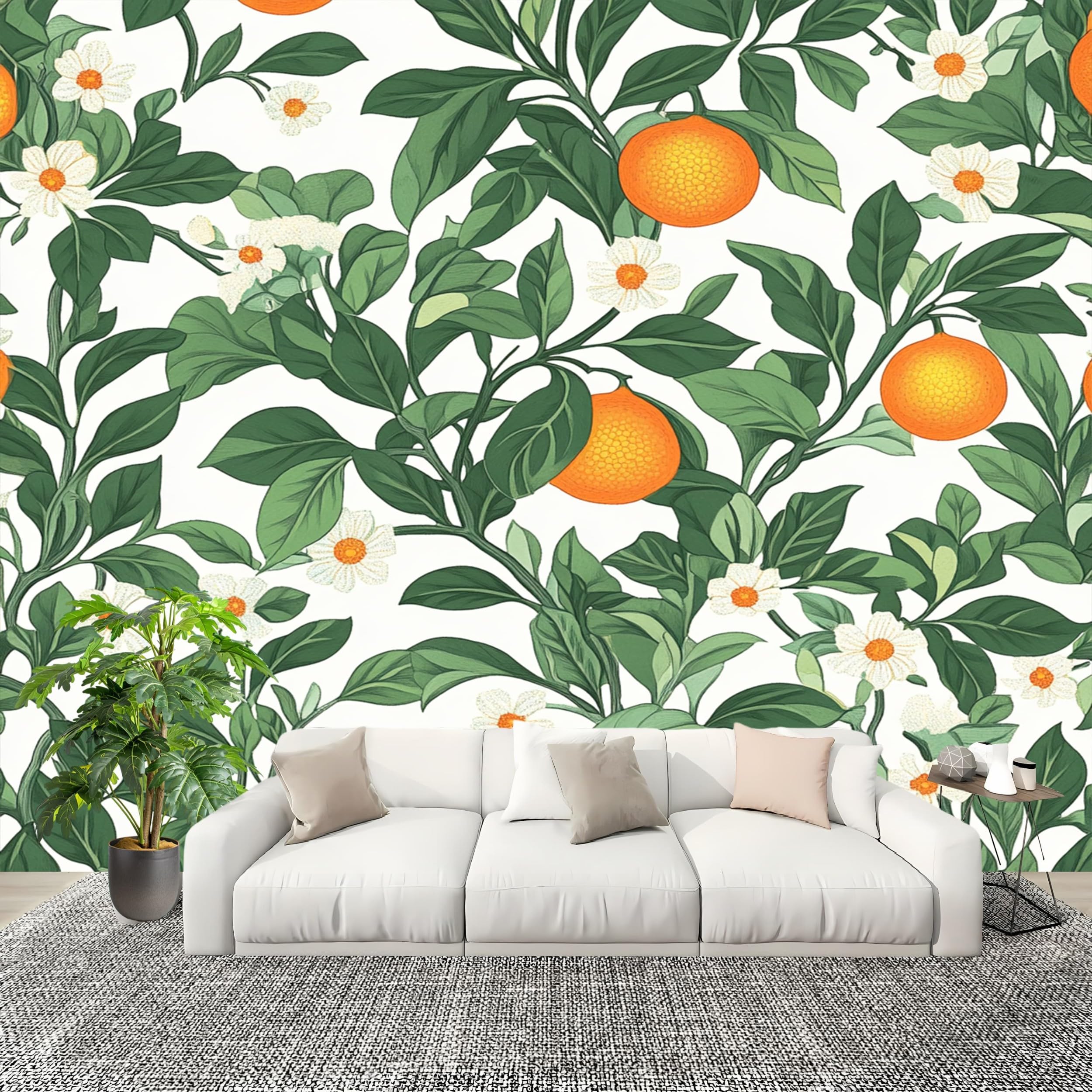 Papier peint panoramique 3D pour agrandir une pièce sombre avec fleurs oranges