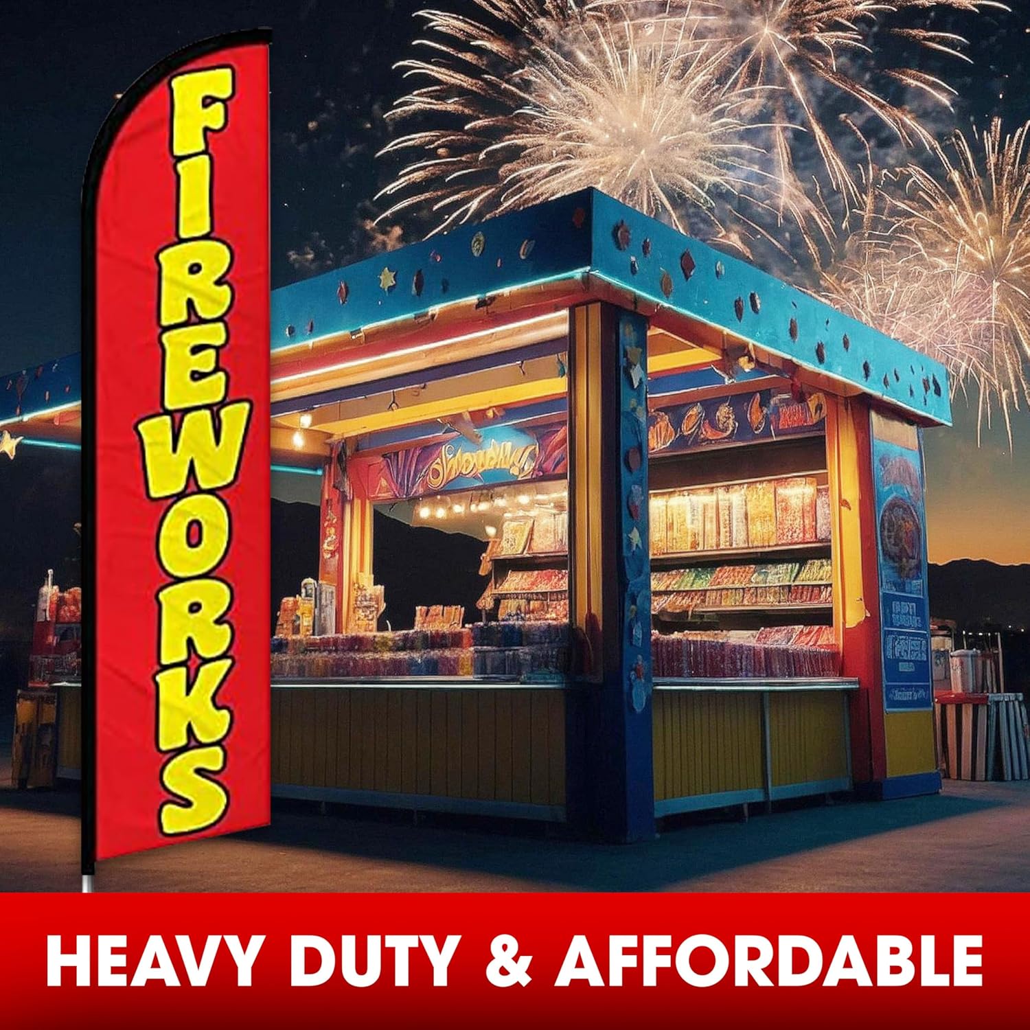 Fireworks Windless Banner Flags – Red Design, Pack of 2 | 3 ft x 11.5 ft Outdoor Advertising Signs | Weatherproof Polyester (With Complete Hybrid Pole Set)